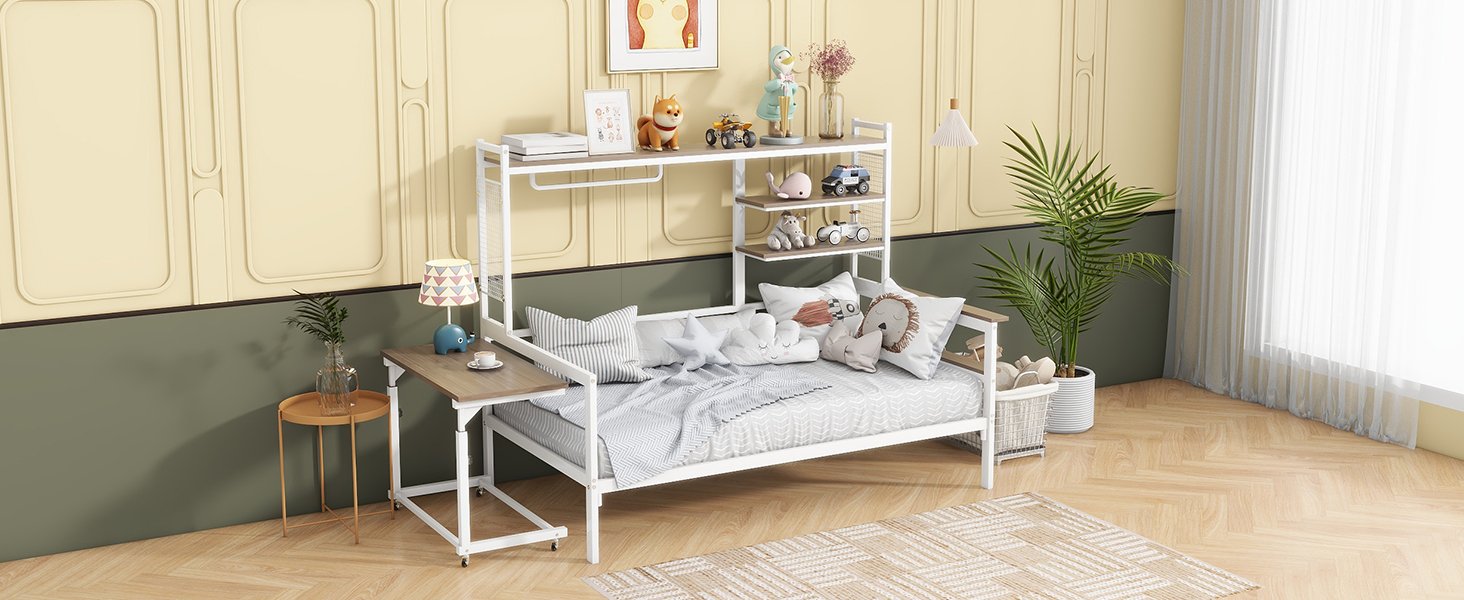 Twin Size Daybed With Movable Desk, Grid, Shelves And Clothes Hanger - White - Image 17