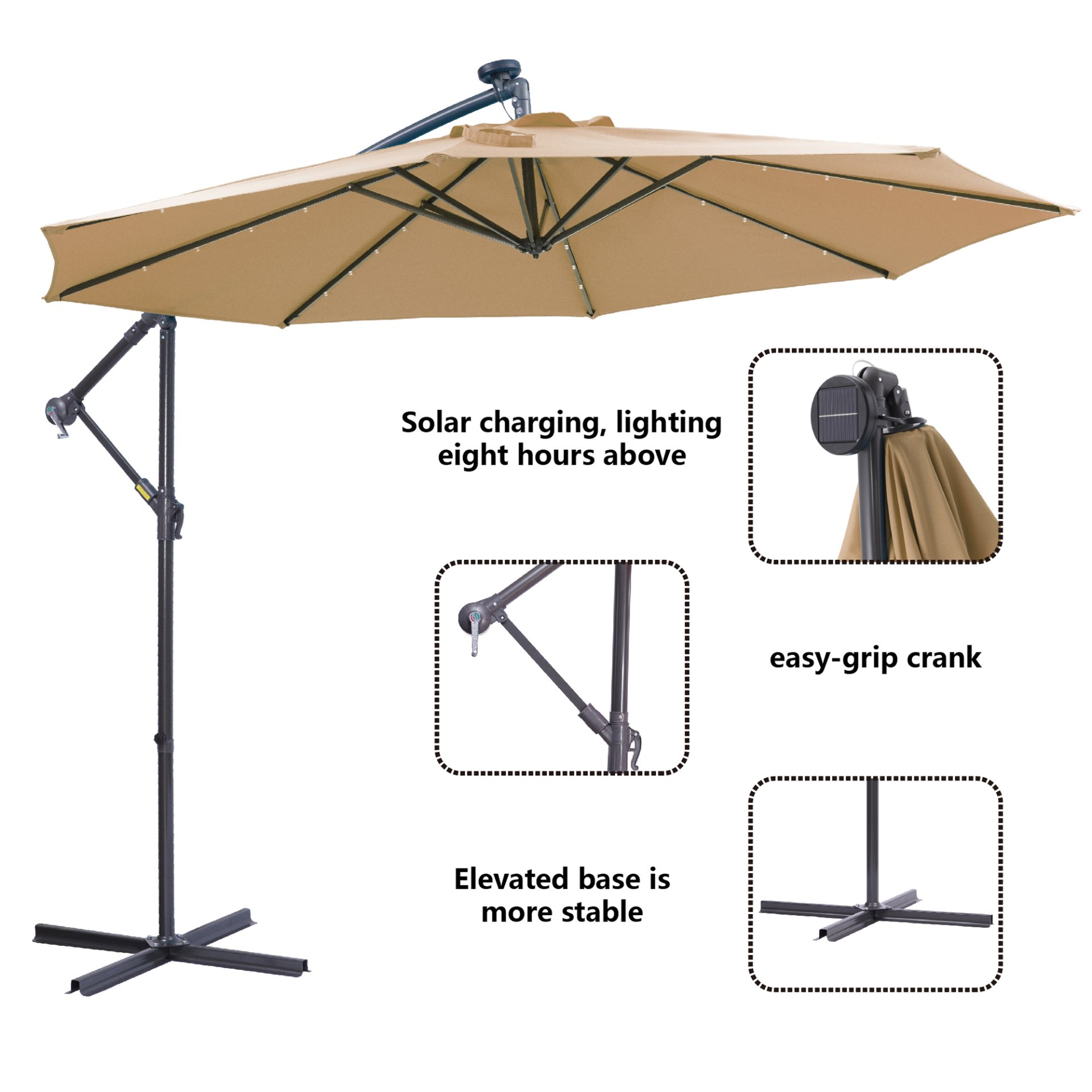 Outdoor Cantilever Patio Umbrella With 32 LED Lights 10 Ft Hanging Design Easy Open Adjustment Metal Frame - Taupe - Image 7