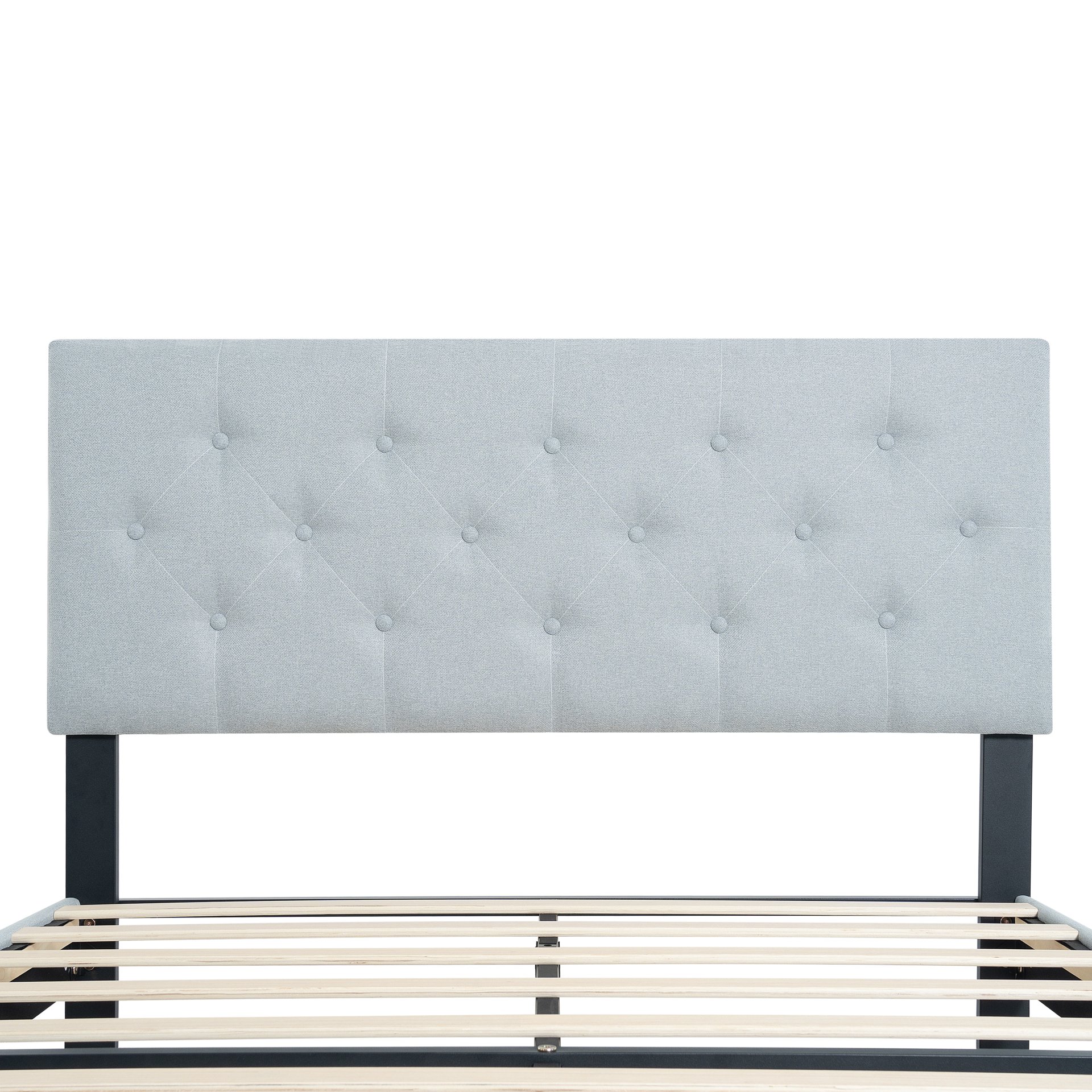 Modern Twin Size Upholstered Platform Bed Frame With Button Tufted Linen Fabric Headboard - Light Gray - Image 6