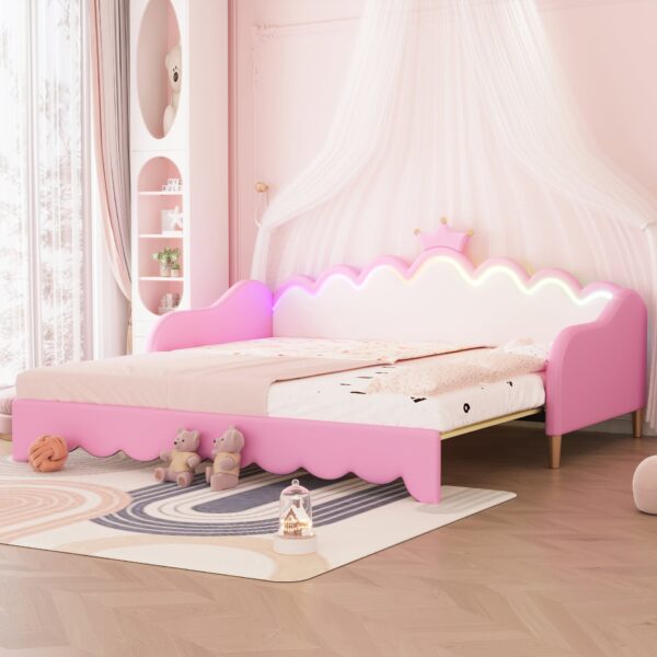 Twin Extending Daybed With LED Lights, Modern Upholstered Princess Daybed With Crown Headboard - Pink