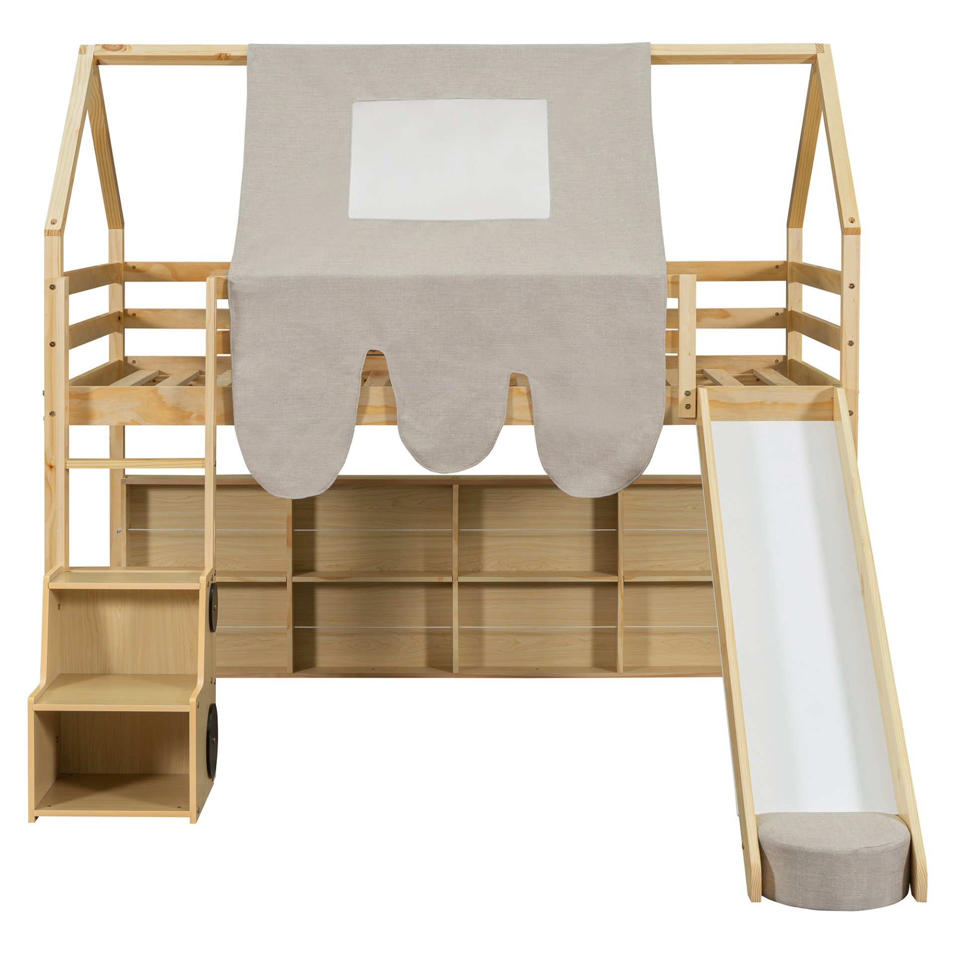 Twin Size Loft Bed With House Shaped Frame And Tent - Natural / Beige - Image 19
