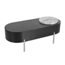 Lift Top Coffee Table With 360 Degree Marble Patterned Rotating Tray, Hidden Compartment, Partially Assembled Wooden Center Table, Modern Oval Lift Tabletop For Home Living Room - Black