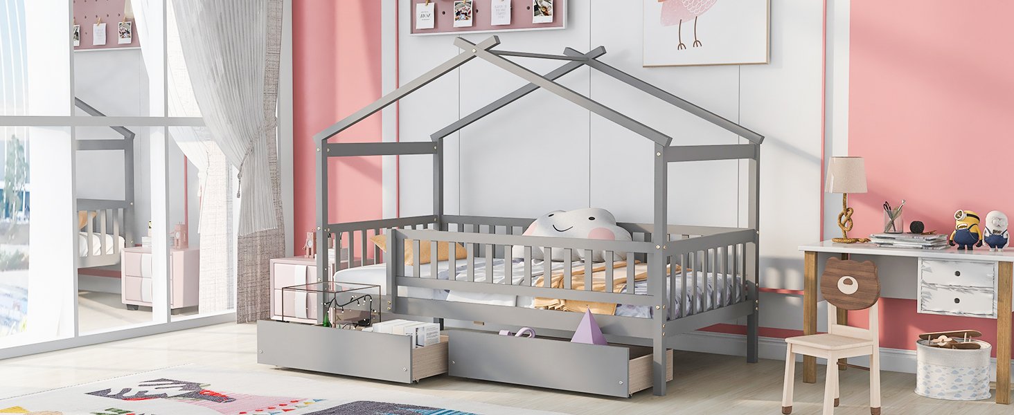 Twin Size House Bed With 2 Drawers - Gray - Image 16
