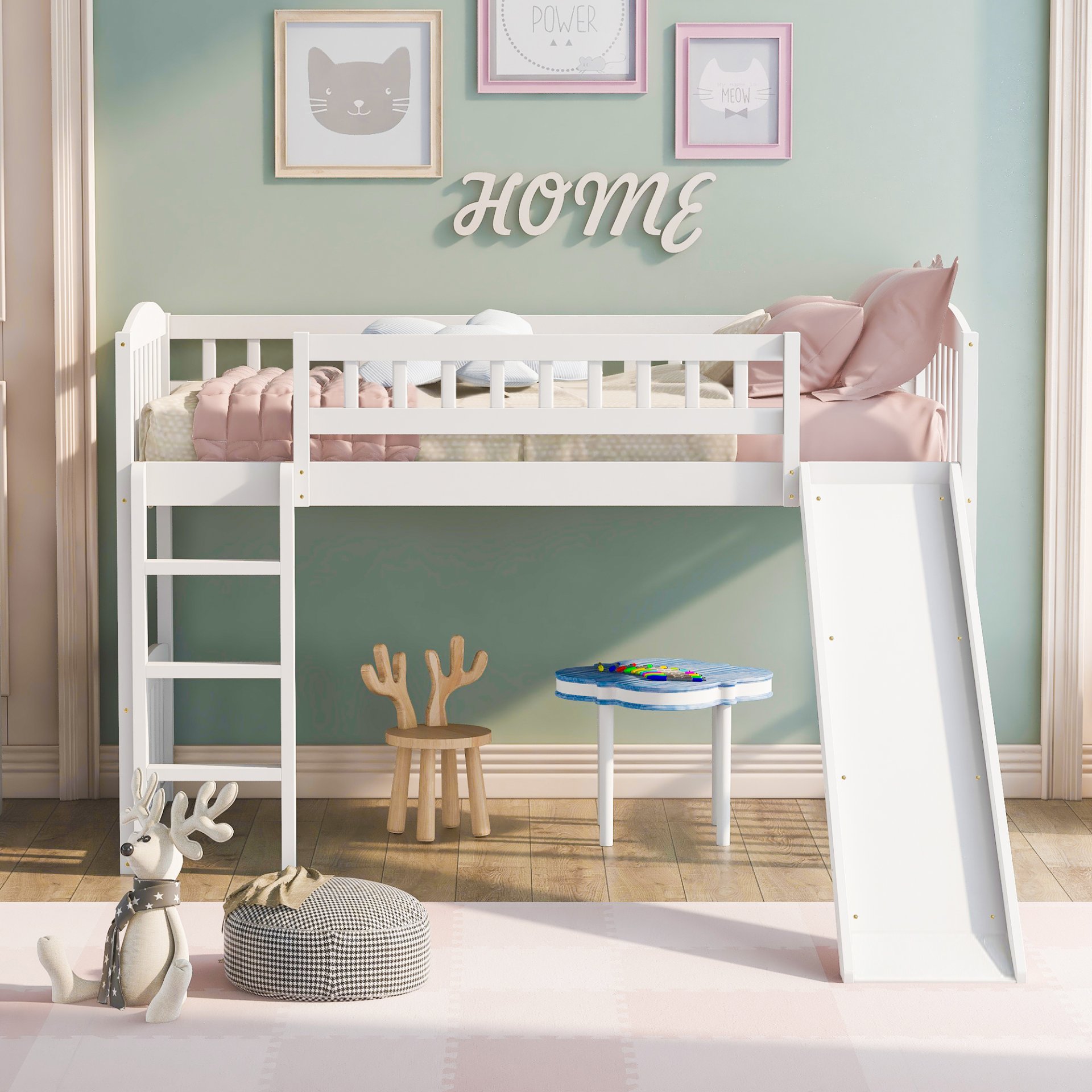 Twin Size Loft Bed With Slide And Ladder - White - Image 2