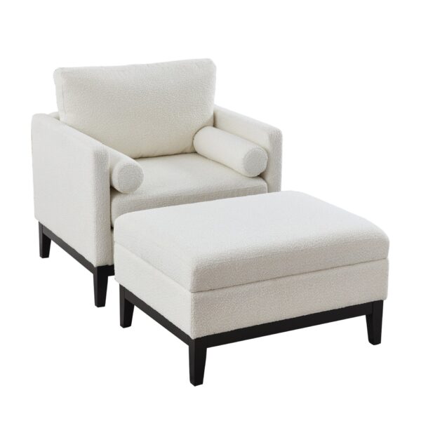 Farmhouse Upholstered Accent Chair With Ottoman, Wood Base, Reversible Lid Coffee Table For Living Room Or Office - Ivory