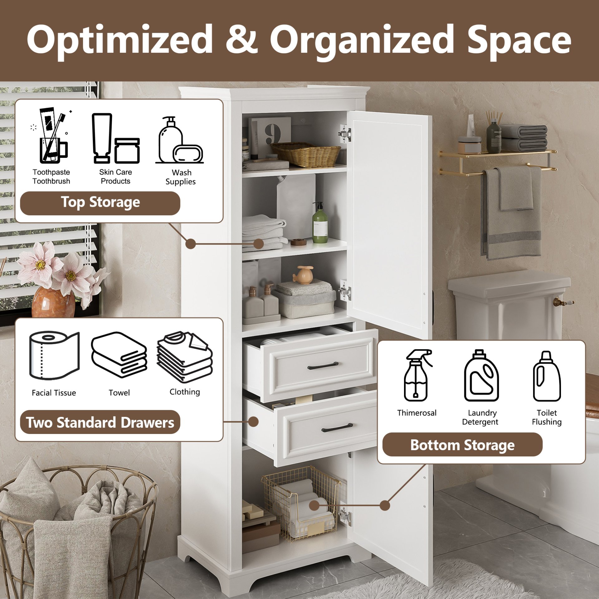 Freestanding Bathroom Vanity Tall With Damping Hinge Doors, Adjustable Shelves - White - Image 7