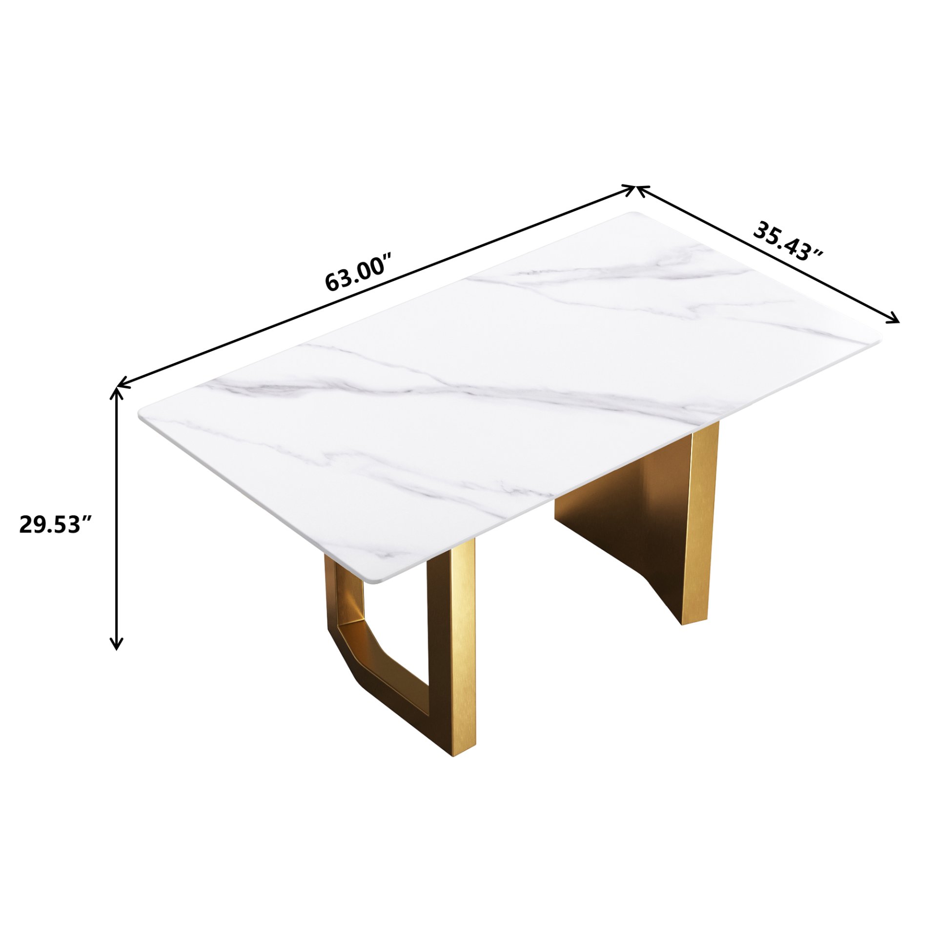 63" Modern Artificial Stone White Straight Edge Golden Metal Leg Dining Table - White / Gold - Image 3