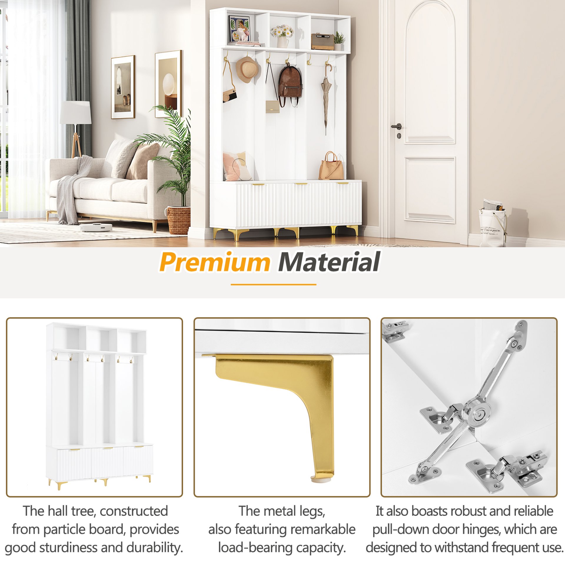 Modern Large Storage Hall Tree With Bench, Luxurious Coat Rack With 6 Hooks And Legs For Entryway, Living Room - White / Gold - Image 8