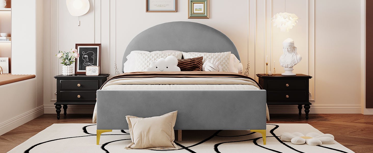 Full Size Upholstered Platform Bed With Classic Semi-Circle Shaped Headboard And Mental Legs - Gray - Image 12