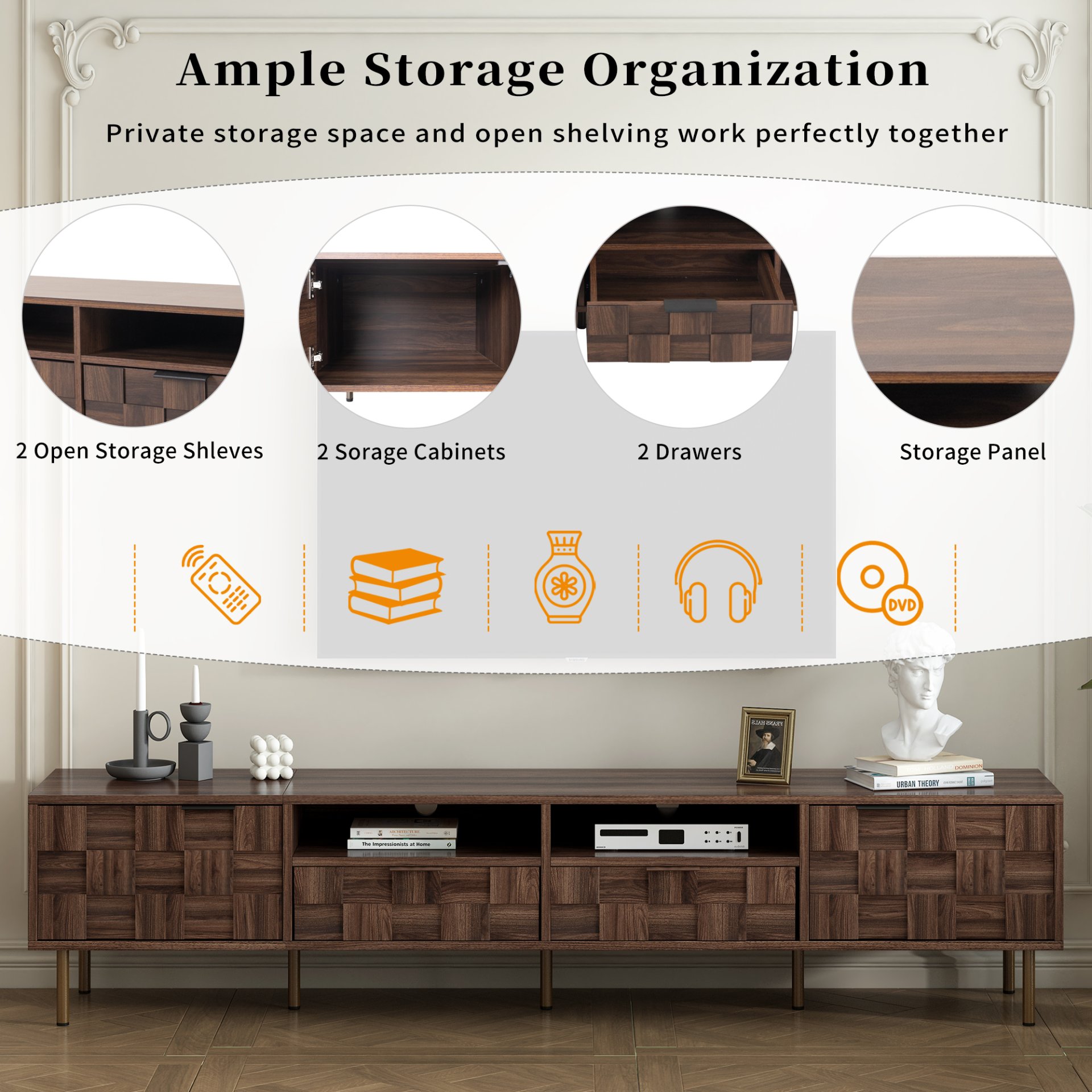 Mid Century TV Stand With 2 Drawers, Media Console Table For Tvs Up To 85'', Entertainment Center With Storage For Living Room - Dark Brown - Image 5