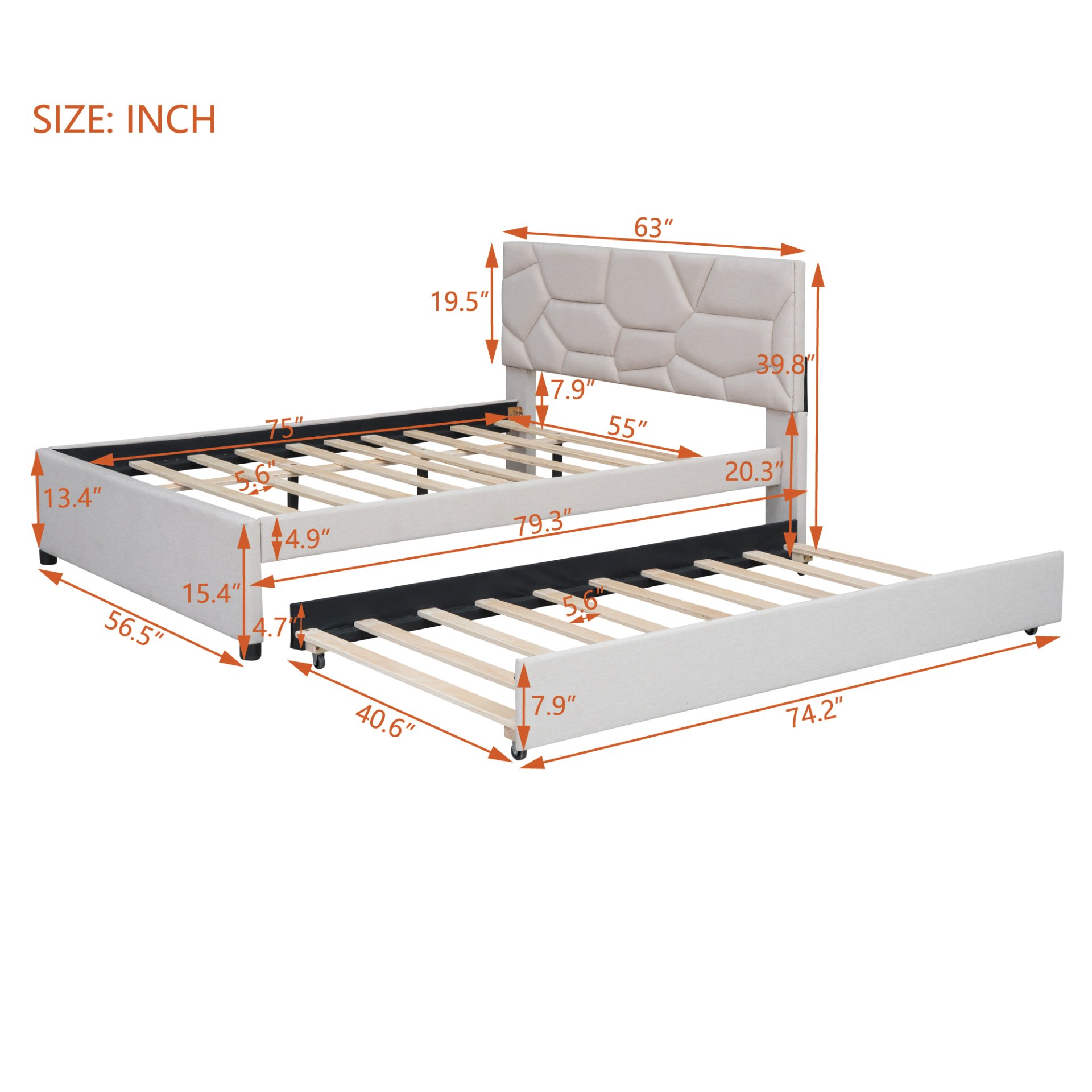 Full Size Upholstered Platform Bed With Brick Pattern Headboard And Twin Size Trundle - Beige - Image 10