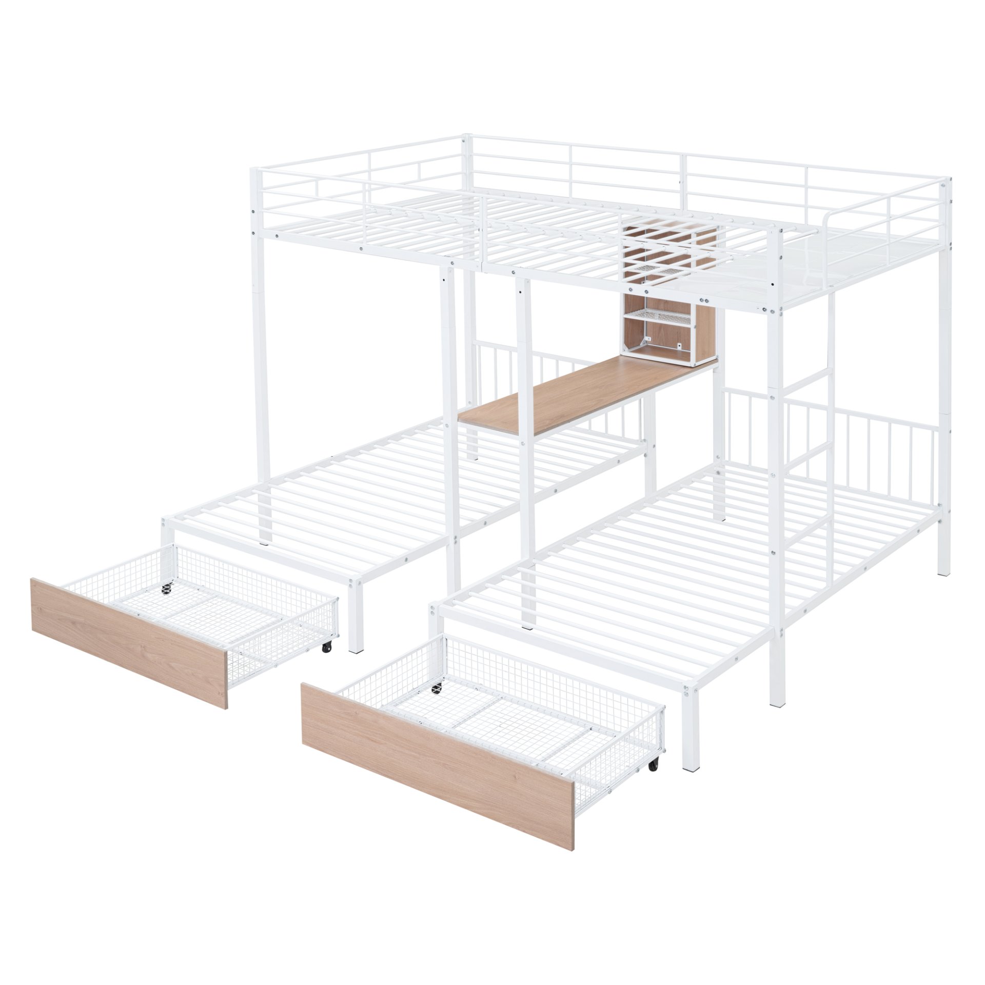 Full Over Twin & Twin Triple Bunk Bed With Drawers, Multi-Functional Frame With Desks And Shelves In The Middle - White - Image 9