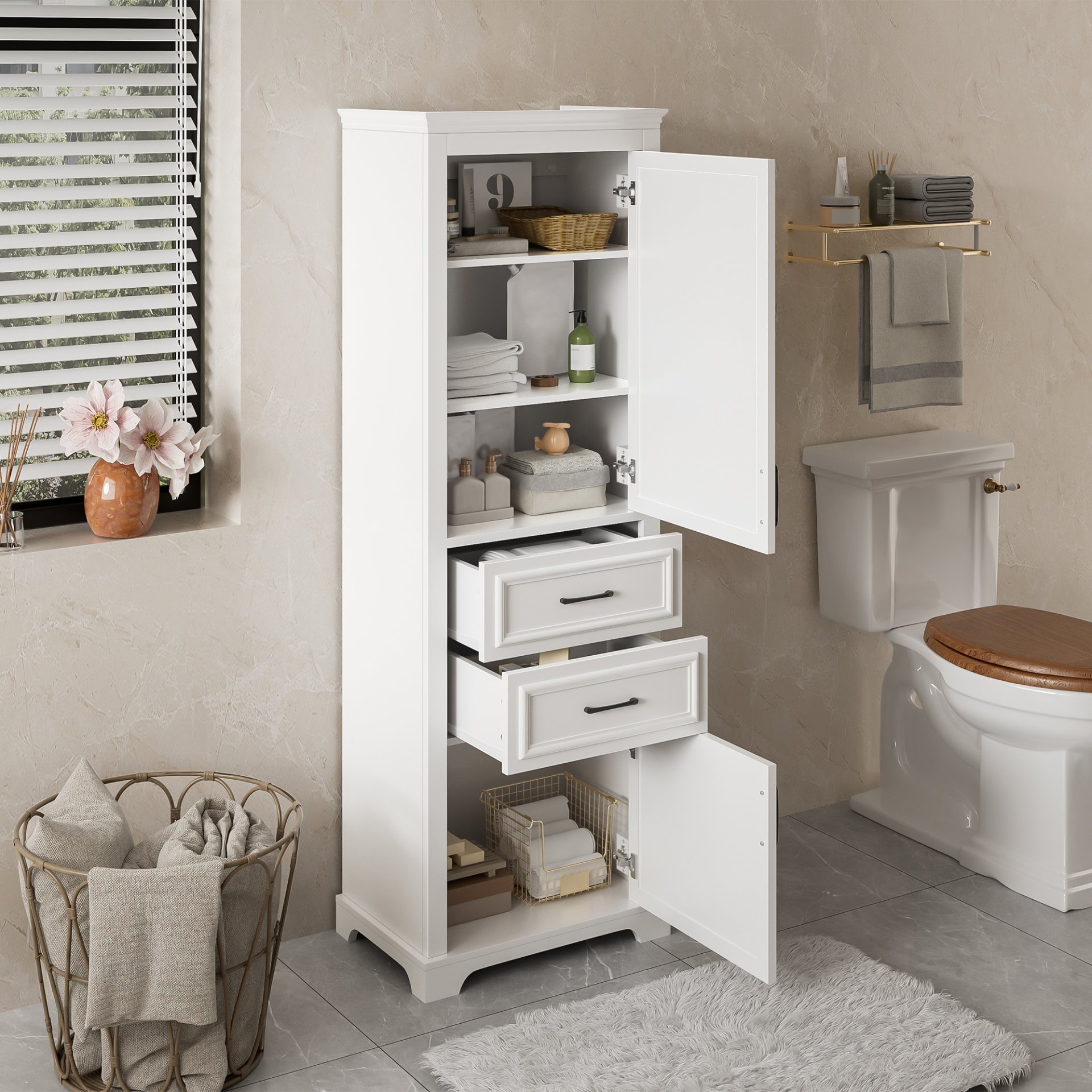 Freestanding Bathroom Vanity Tall With Damping Hinge Doors, Adjustable Shelves - White - Image 5