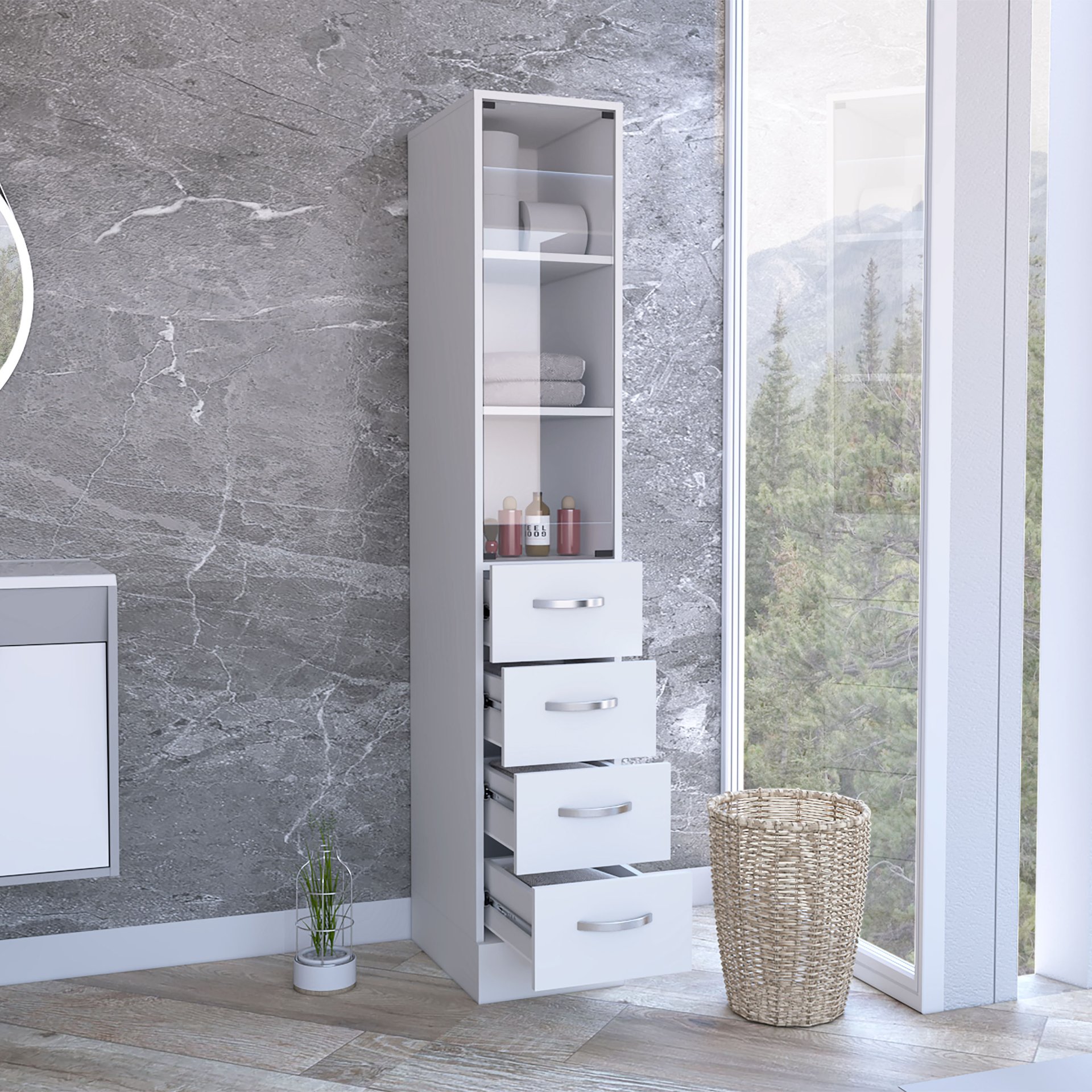 Linen Cabinet, 3 Shelves, 4 Drawers And Metal Handles - White - Image 5