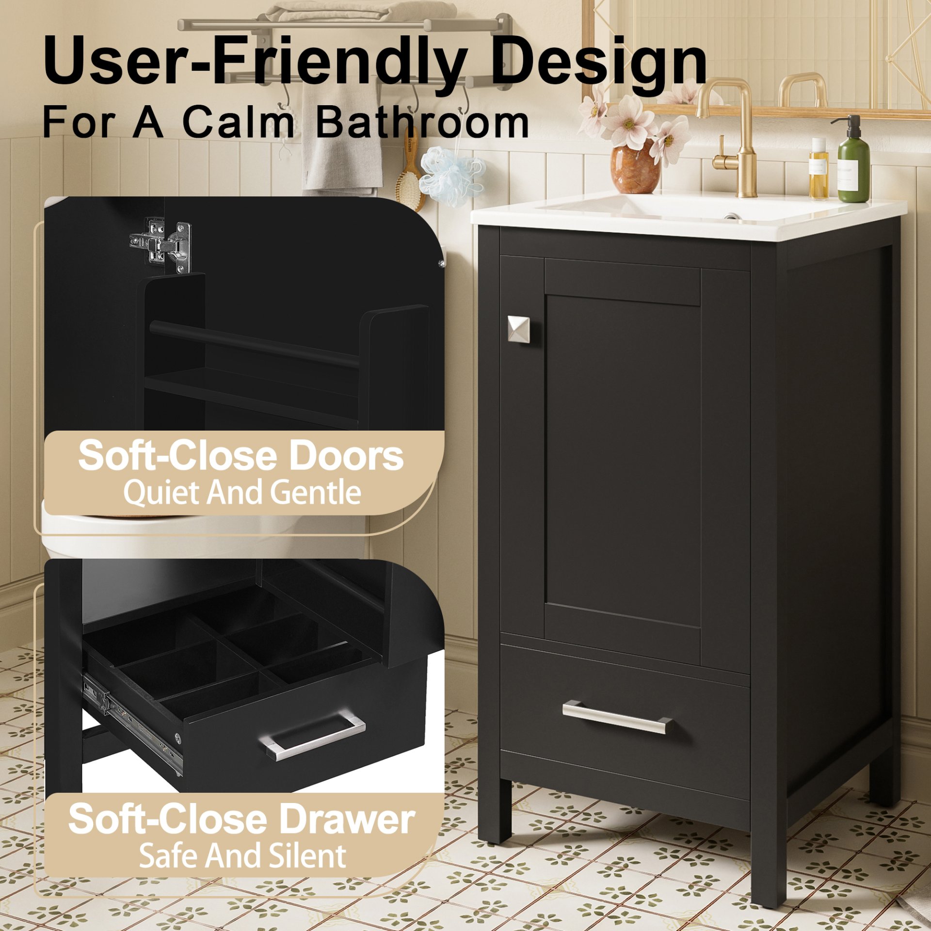 18" Bathroom Vanity With Sink, Soft Close Drawers, Door Organizer, Divider Drawer, Adjustable Foot Pads - Black - Image 8