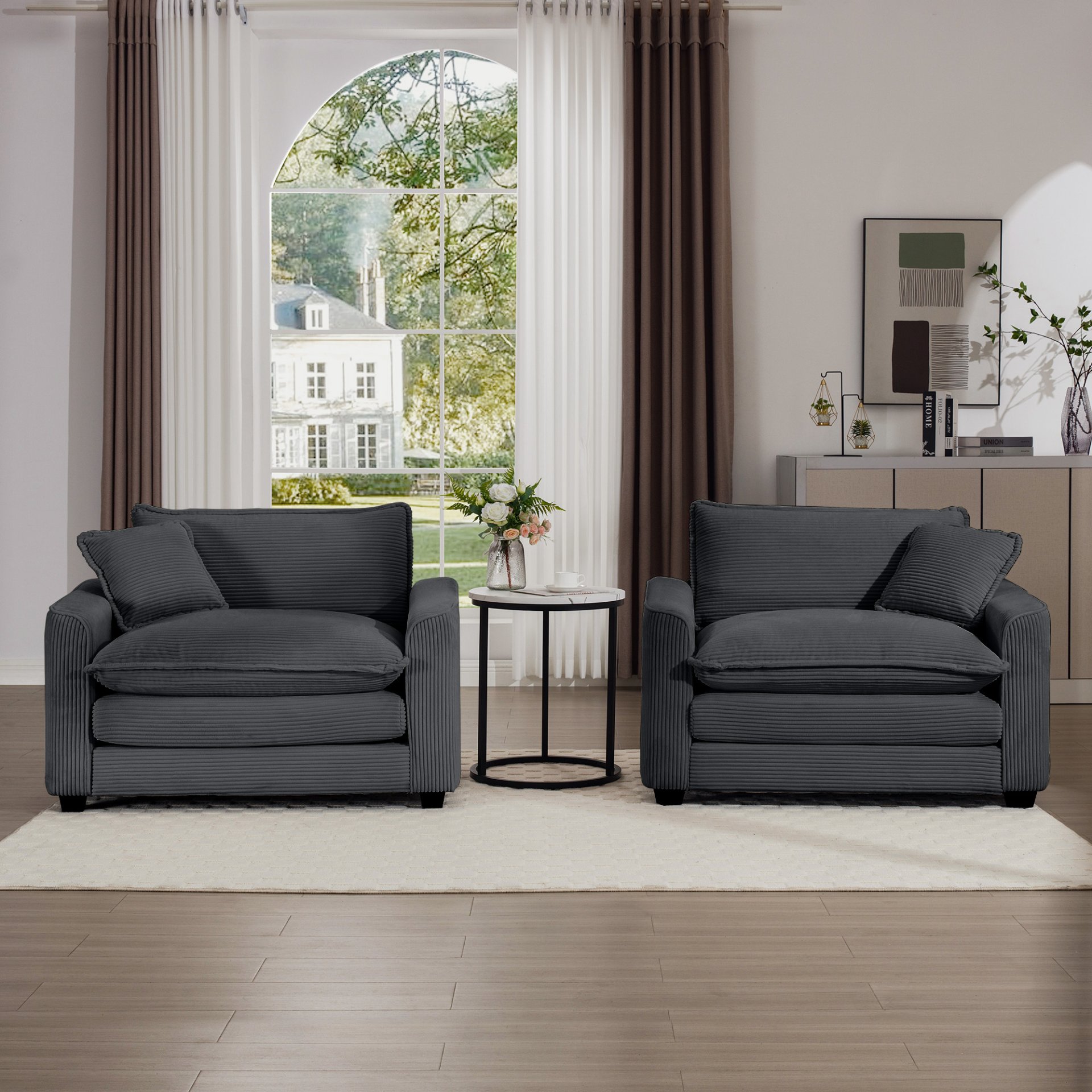 Luxurious Corduroy Deep Seated Sofa Set With 2 Single Chairs For Bedroom And Office - Gray - Image 12
