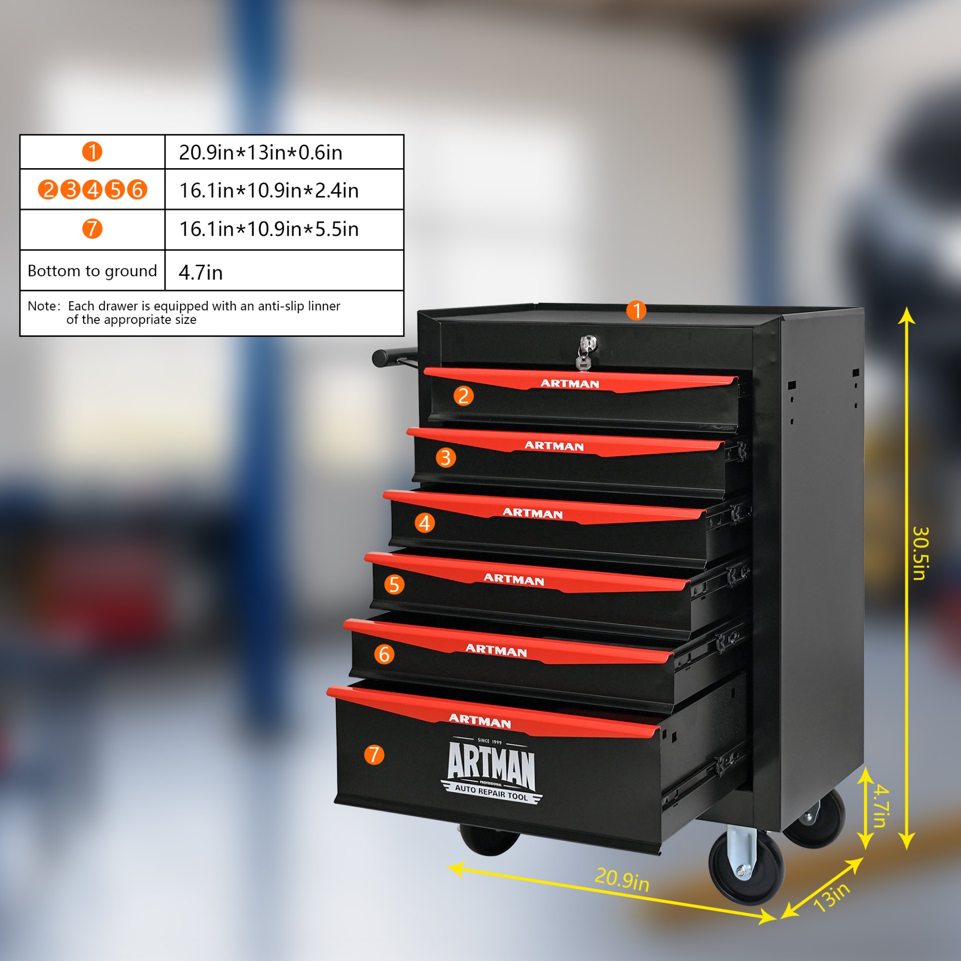 Rolling Metal Tool Chest With 6 Drawers, 20" Steel Storage Cabinet With Ball Bearing Slides - Black / Red - Image 3