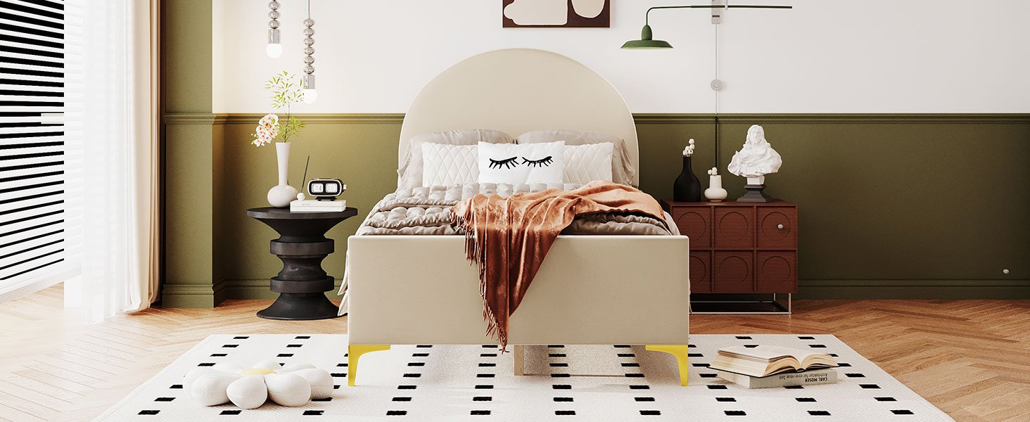 Twin Size Upholstered Platform Bed With Classic Semi-Circle Shaped Headboard And Mental Legs - Beige - Image 12