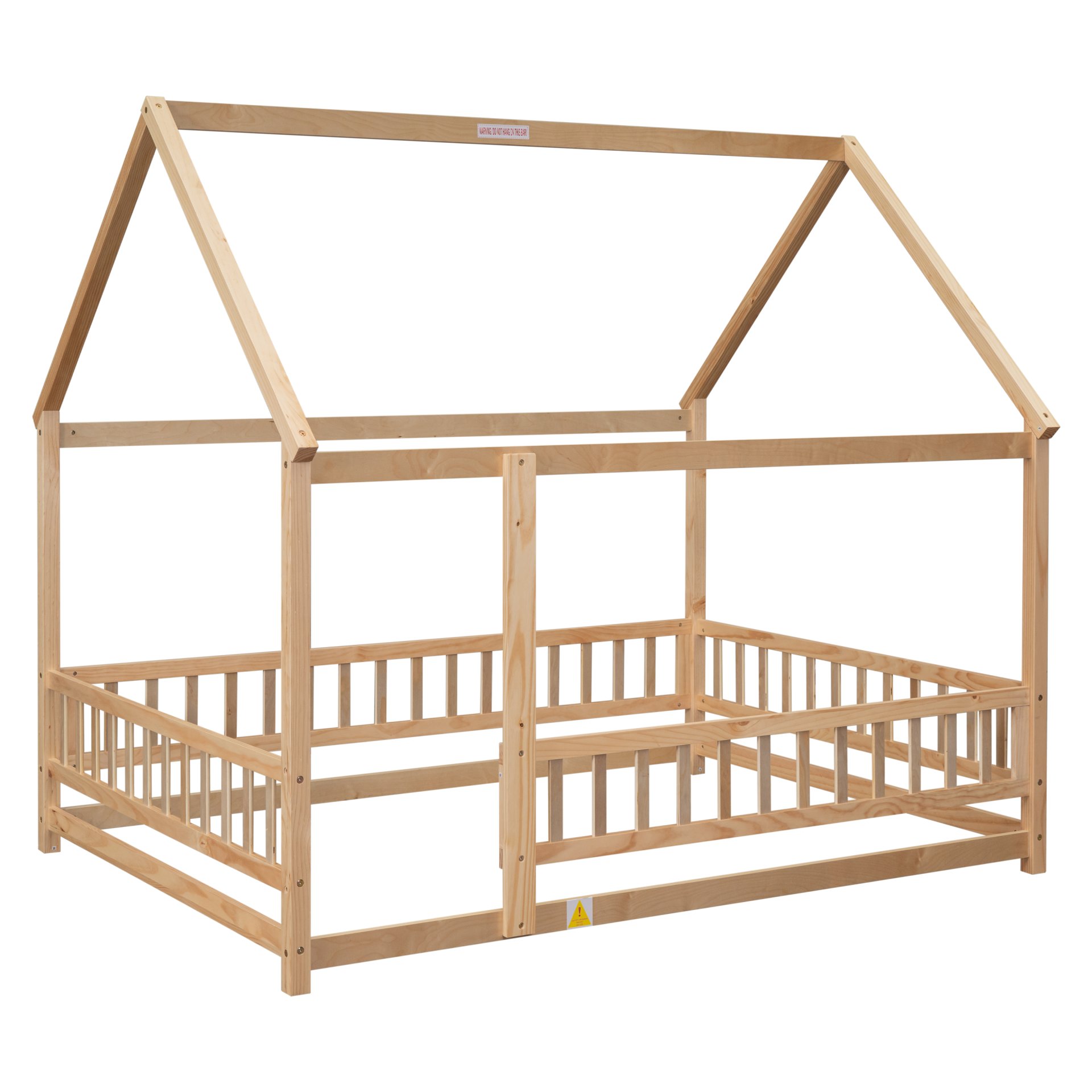 Full Size Floor Wooden Bed With House Roof Frame, Fence Guardrails - Nartural - Image 7