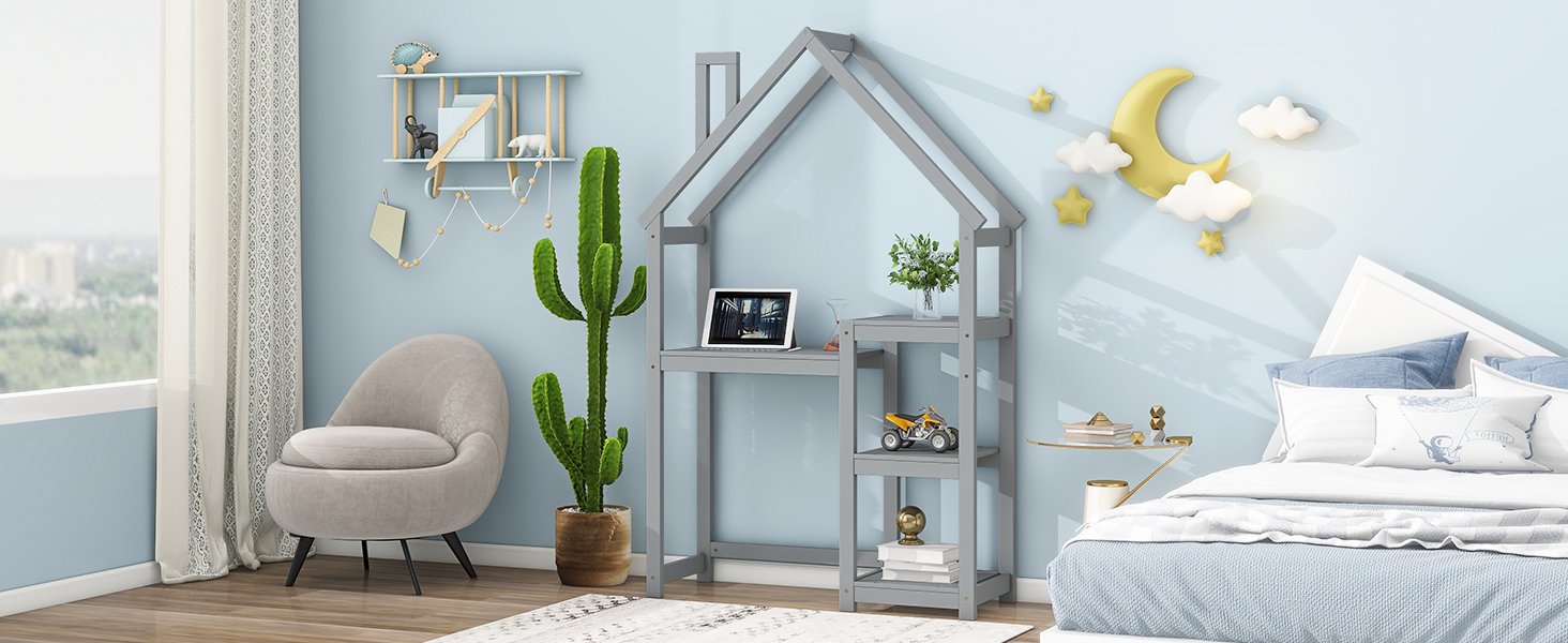 House-Shaped Wooden Writing Desk, Kids Study Table, Bookshelf & Toy Storage - Gray - Image 7