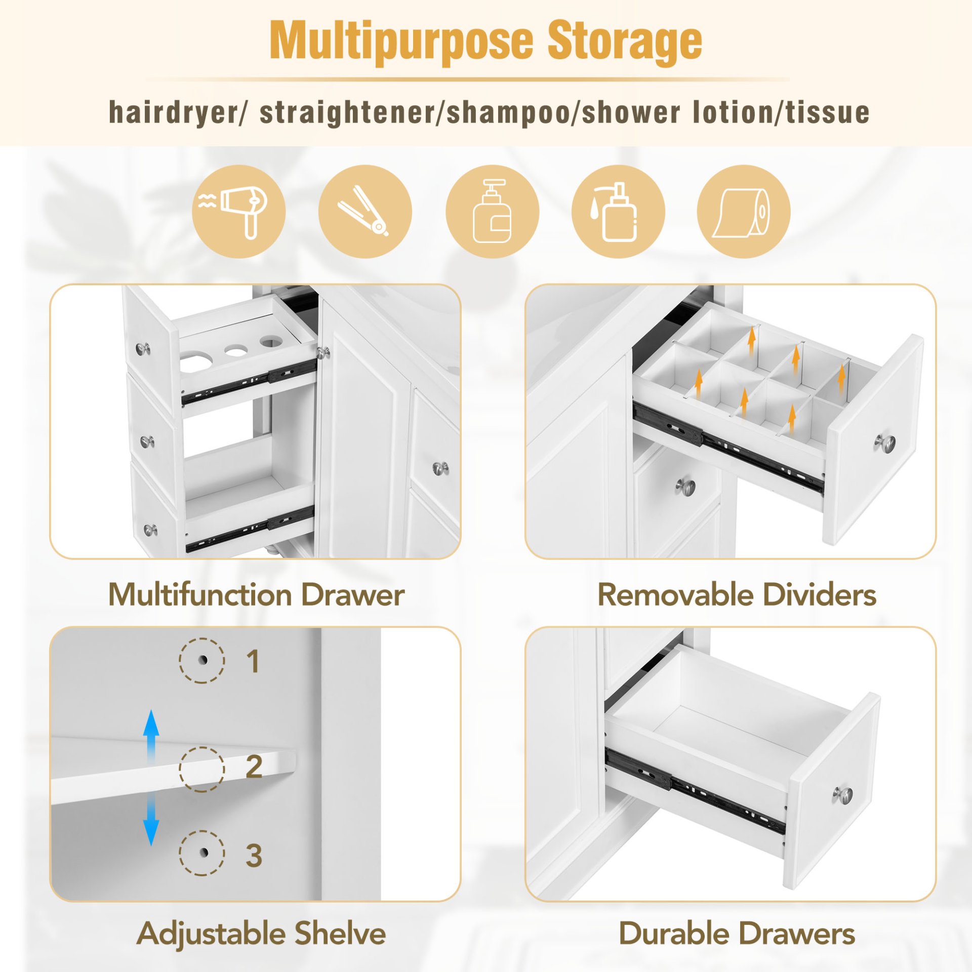 Contemporary Bathroom Vanity Cabinet, 4 Drawers & 1 Cabinet Door, Multipurpose Storage, Resin Integrated Sink, Adjustable Shelves, Solid Wood Frame With MDF - White - Image 7