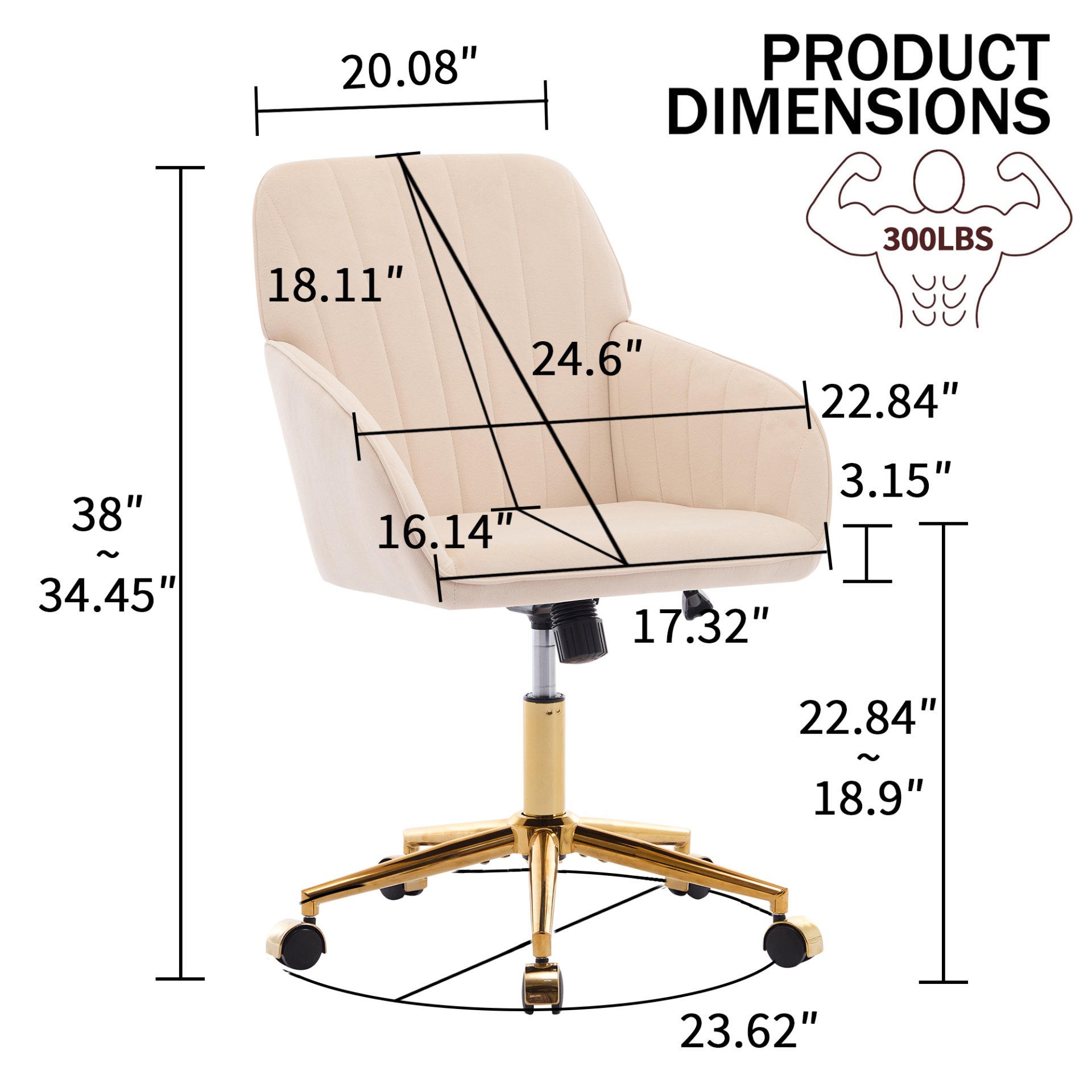 Ergonomic Office Chair With Swivel Function, Velvet, Comfortable For Long Sitting - Khaki - Image 3