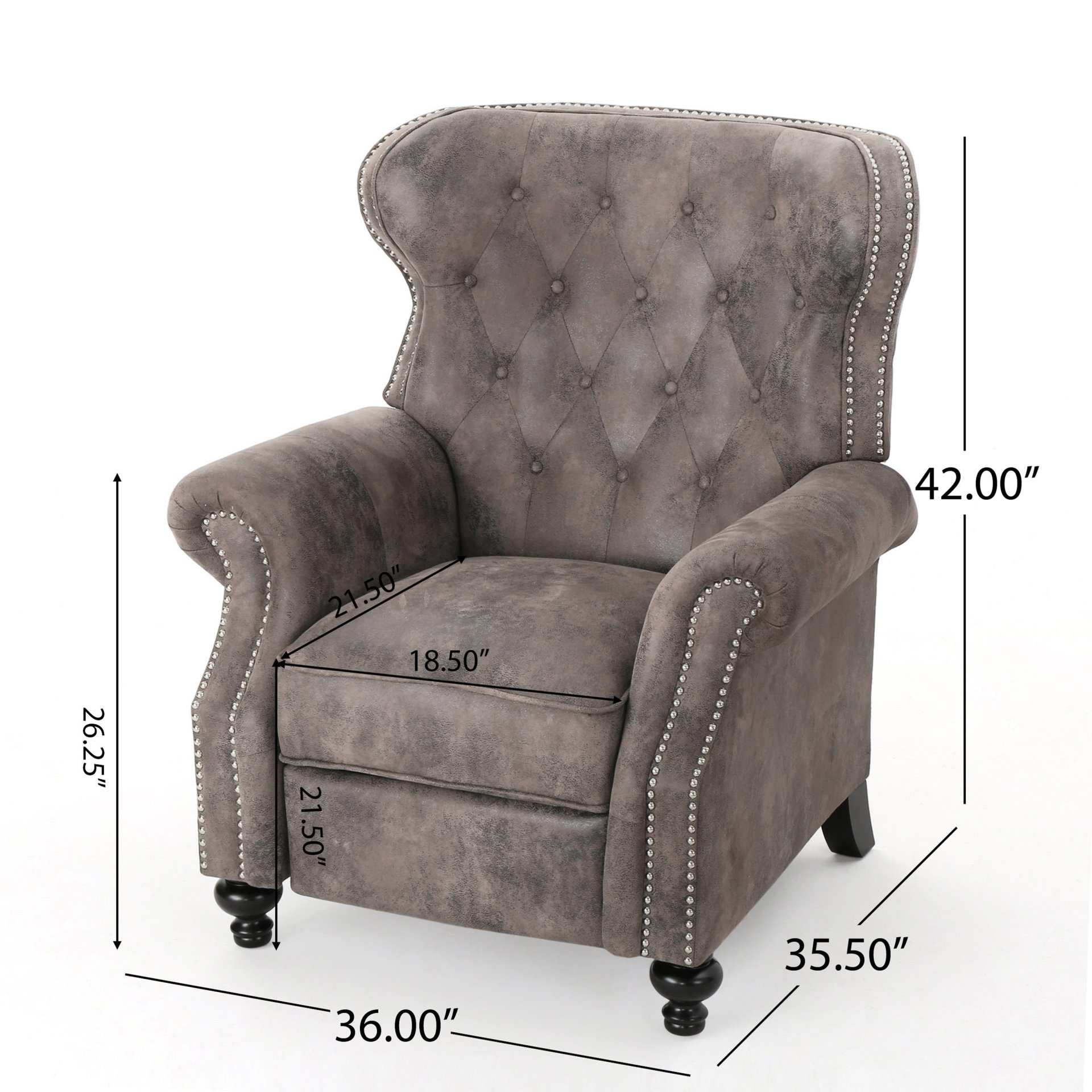 Accented Push Back Recliner Chair With Rolled Arms, Cocooning Comfort - Brown Gray - Image 3