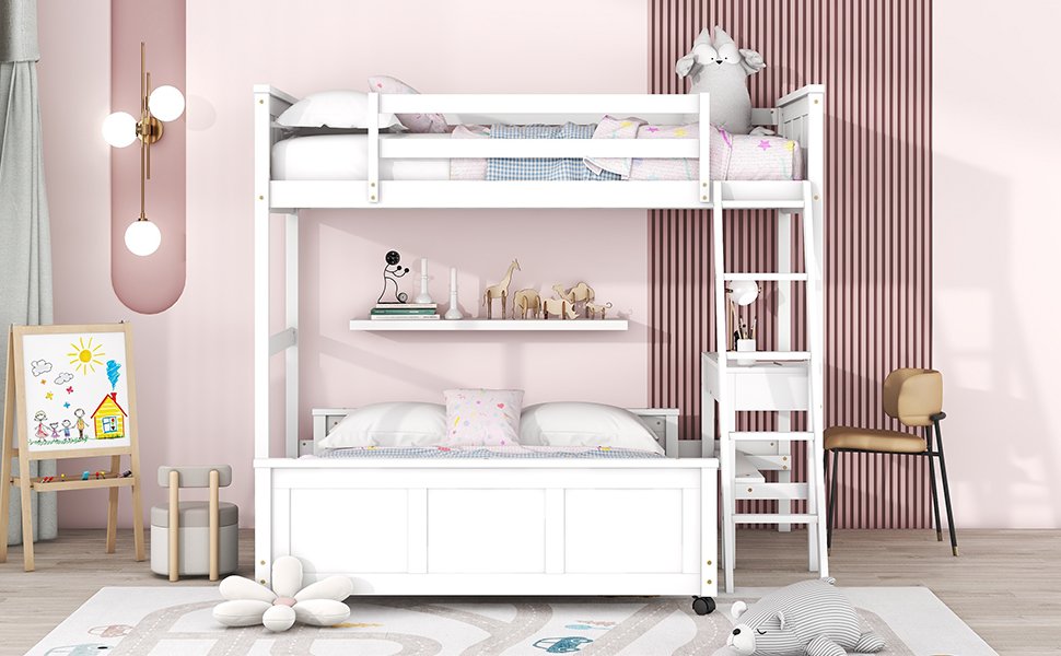 Twin Over Full Bunk Bed With Desk - White - Image 14
