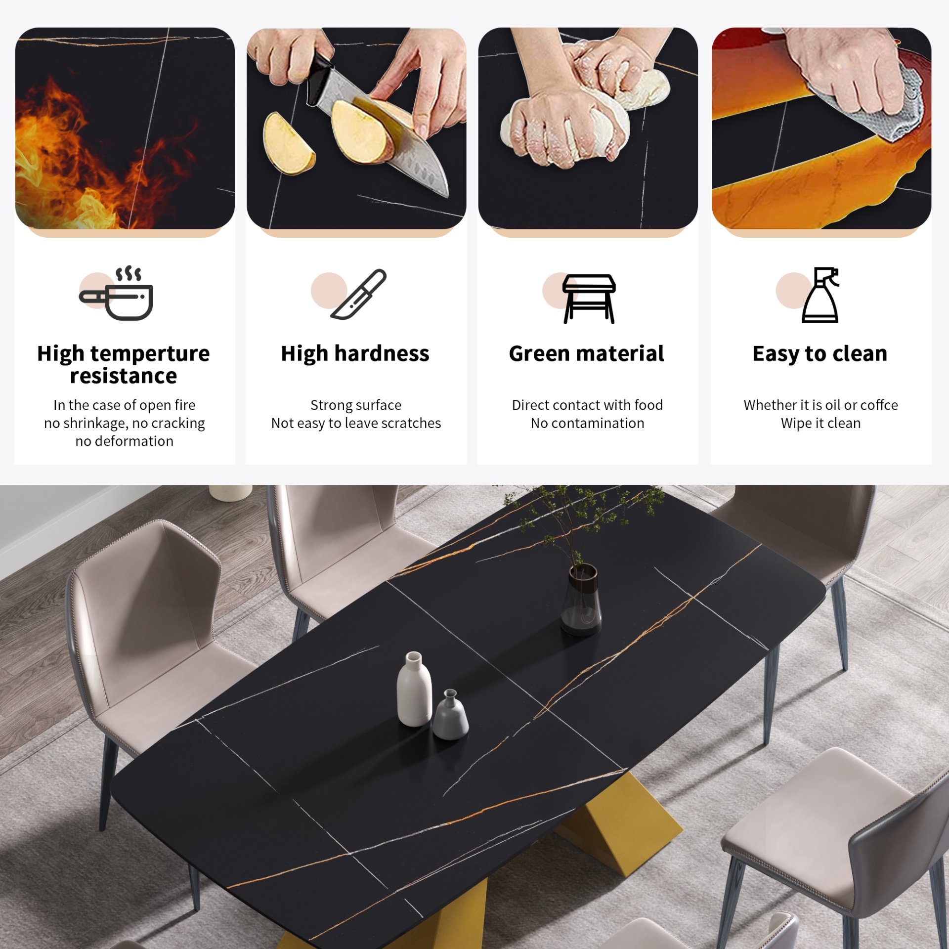 70.87" Modern Artificial Stone Curved Metal Leg Dining Table, Can Accommodate 6-8 People - Black / Gold - Image 8