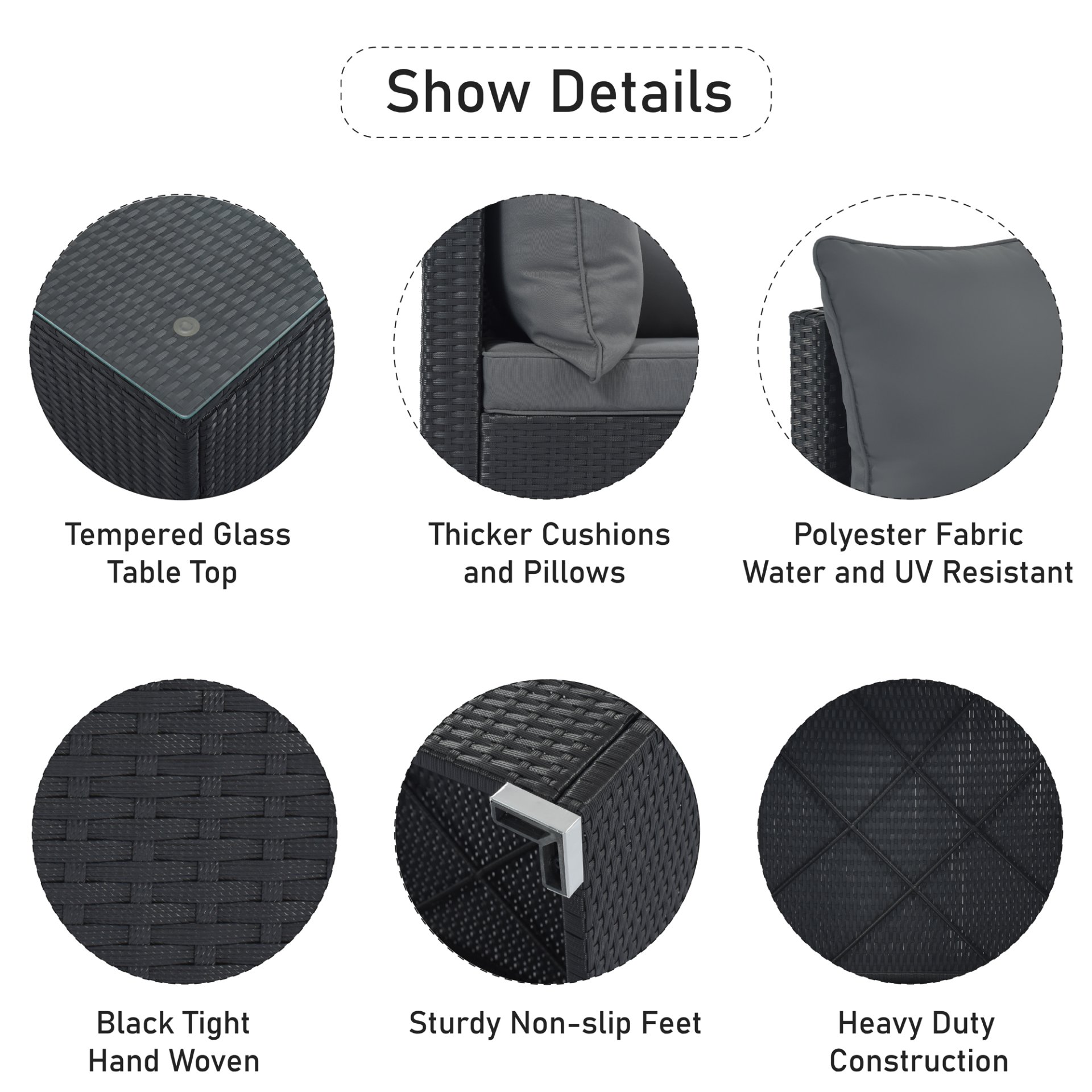 8 Pieces Outdoor Patio Furniture Sets, Garden Conversation Wicker Sofa Set, Single Sofa Combinable - Gray / Black - Image 10