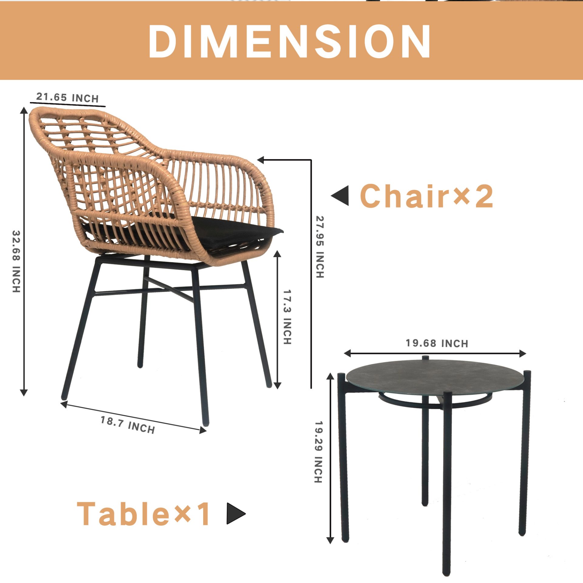 3 Pieces Of Luxury Outdoor Wicker Furniture, Patio Bistro Style Table And Chair Combination, Weather Resistant PE Wicker Weave, Suitable For Garden - Black / Natural - Image 3