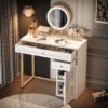 Makeup Vanity Desk With Lighted Mirror, Luxury Dressing Table With 2 Drawers And 1 Cabinet, 3 Lighting Modes Available For Bedroom - White / Gold - Image 2