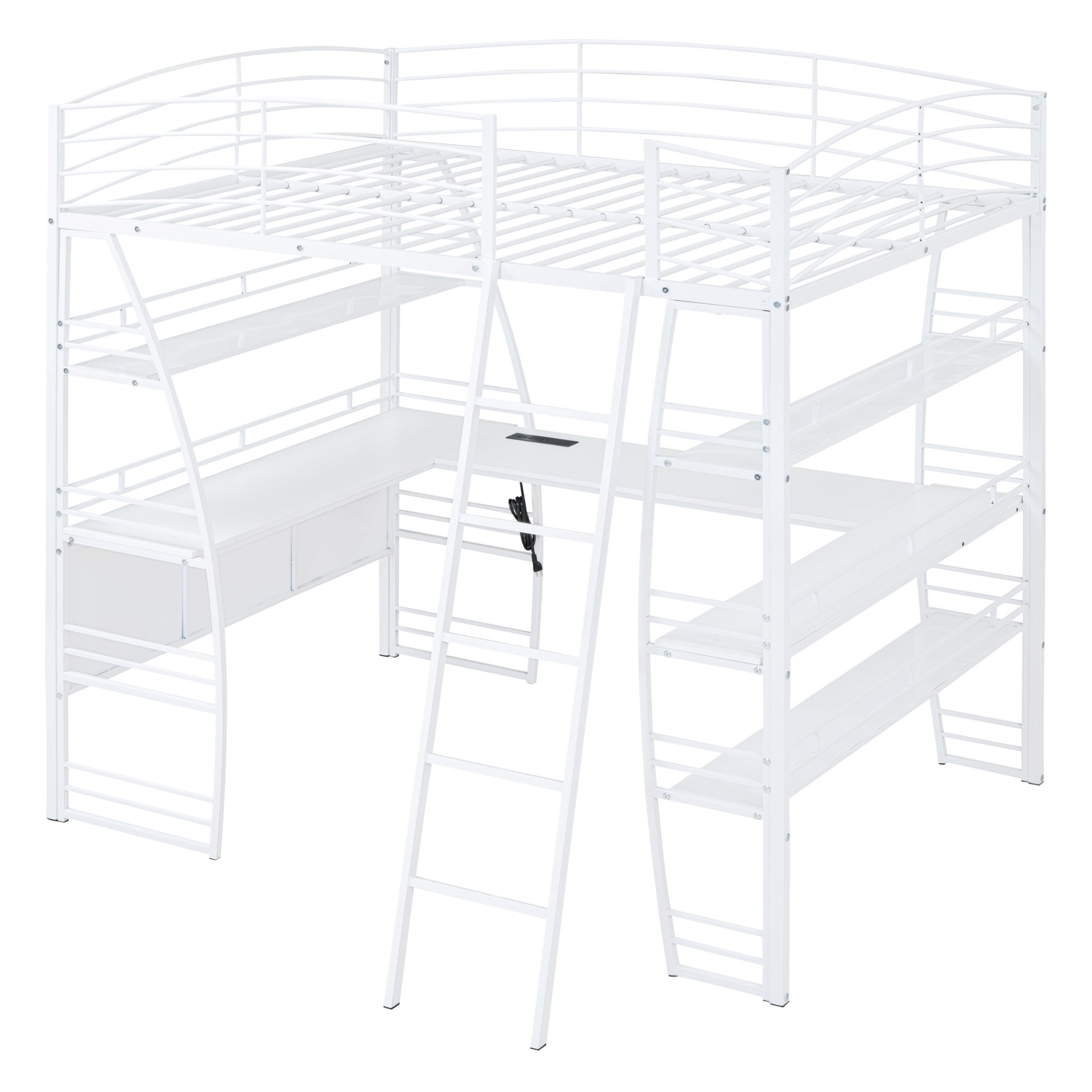 Full Size Loft Bed With 4 Layers Of Shelves And L-Shaped Desk, Stylish Frame With A Set Of Sockets, USB Ports And And Wireless Charging - White - Image 5