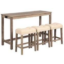 4 Piece Bar Table Set With Power Outlet, Dining Bar Table And Chairs Set, Bar Table Set With 3 Padded Stools For Living Room, Dining Room - Brown