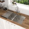 Undermount Double Bowl Kitchen Sink 60 / 40 16 Gauge, 9" Depth - Brushed Nickel - Image 4