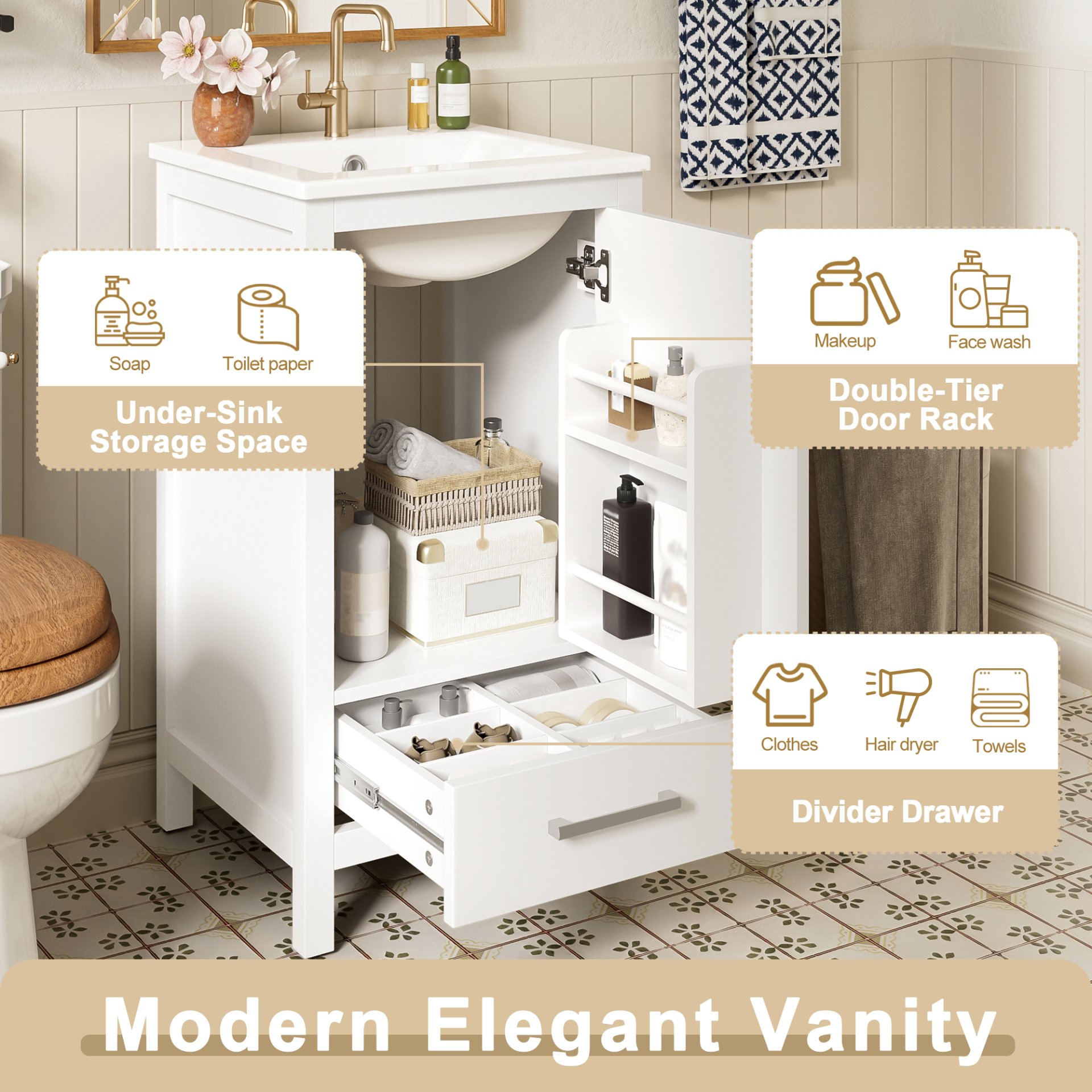 18" Bathroom Vanity With Sink, Soft Close Drawers, Door Organizer, Divider Drawer, Adjustable Foot Pads - White - Image 9