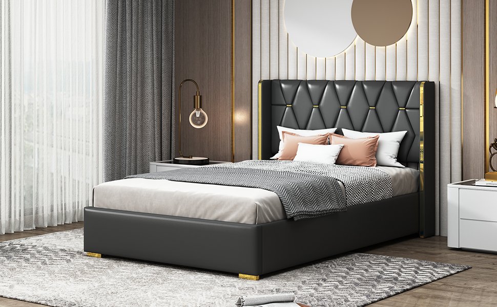 Full Size Upholstered Platform Bed With Strips - Black - Image 15