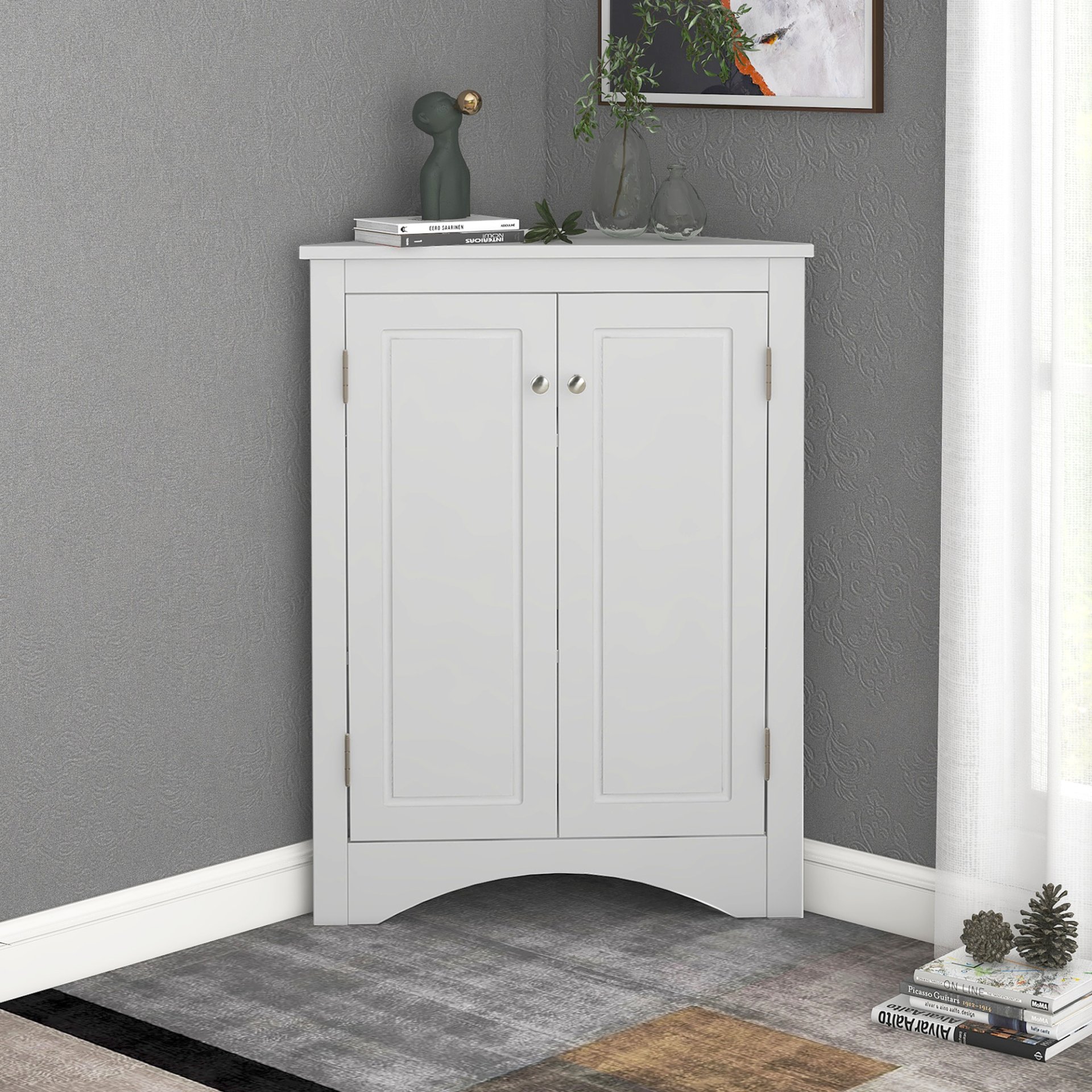 Triangle Bathroom Storage Cabinet With Adjustable Shelves, Freestanding Floor Cabinet For Home Kitchen - White - Image 2