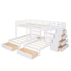 Full Over Twin & Twin Classic Triple Bunk Bed With Drawers And Guardrails - White