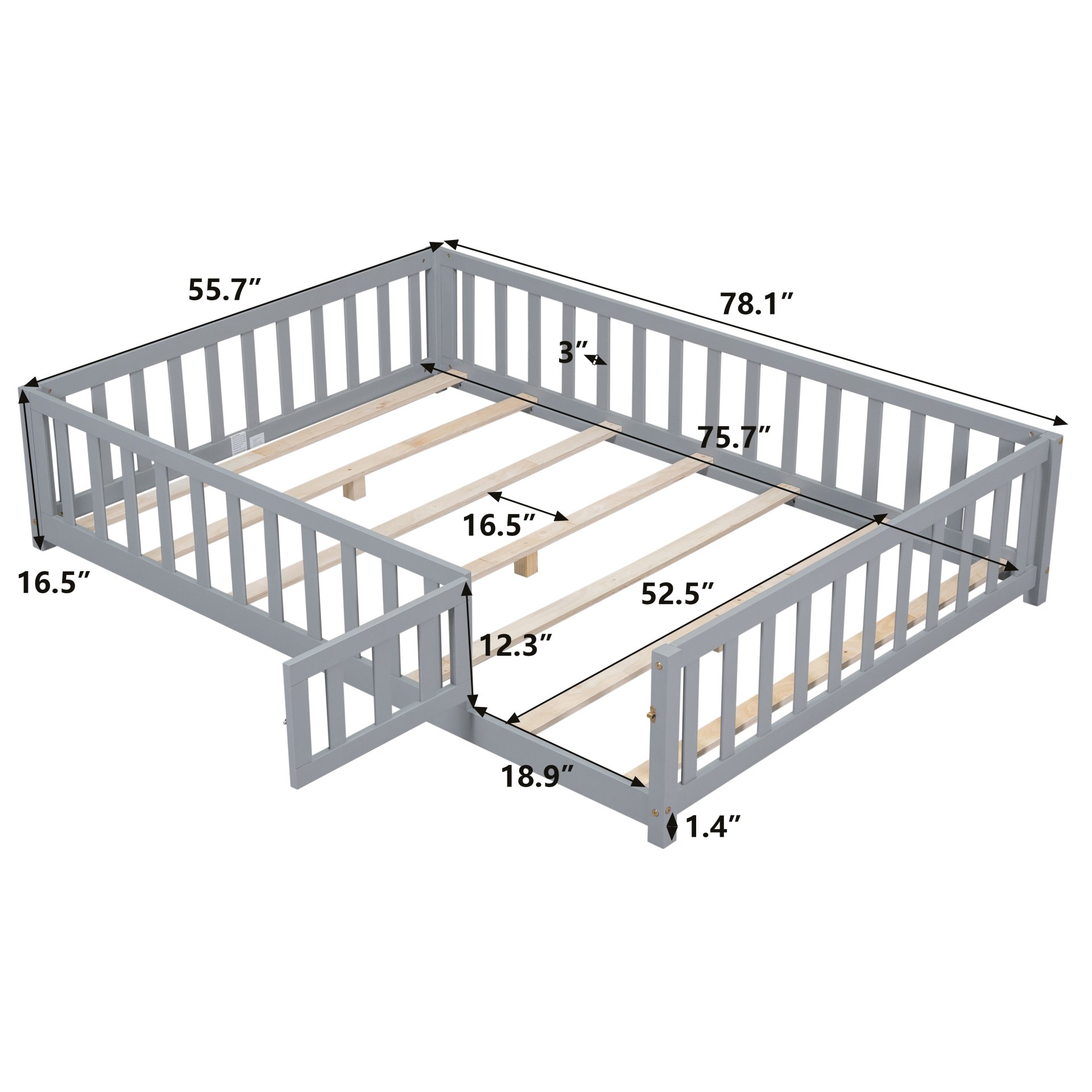 Montessori - Full Size Wooden Floor Platform Bed With Fence And Door, Montessori Floor Bed Frame With Support Slats For Toddlers - Gray - Image 3