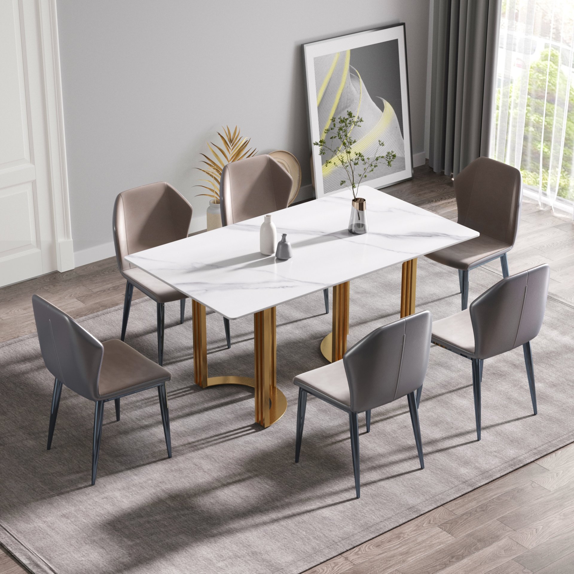 63" Modern Artificial Stone Straight Edge Metal Leg Dining Table, 6 People - White / Gold - Image 2
