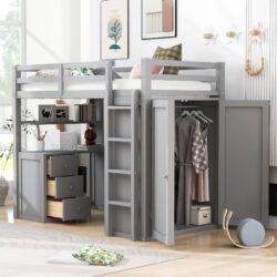 Twin Size Loft Bed With Drawers, Desk, And Wardrobe - Gray