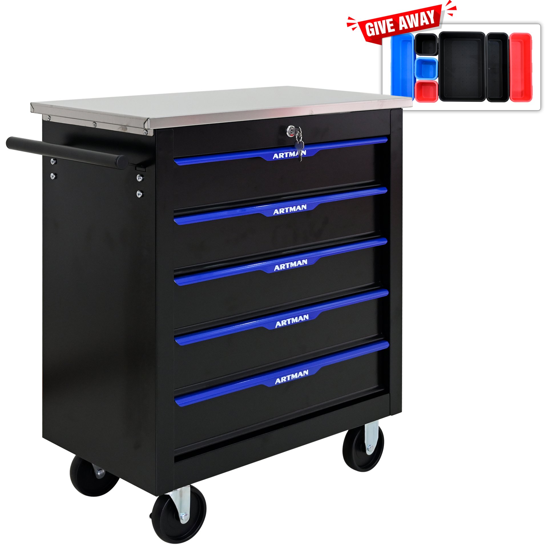 5 Drawer Multifunctional Tool Cart With Wheels - Black / Blue - Image 6