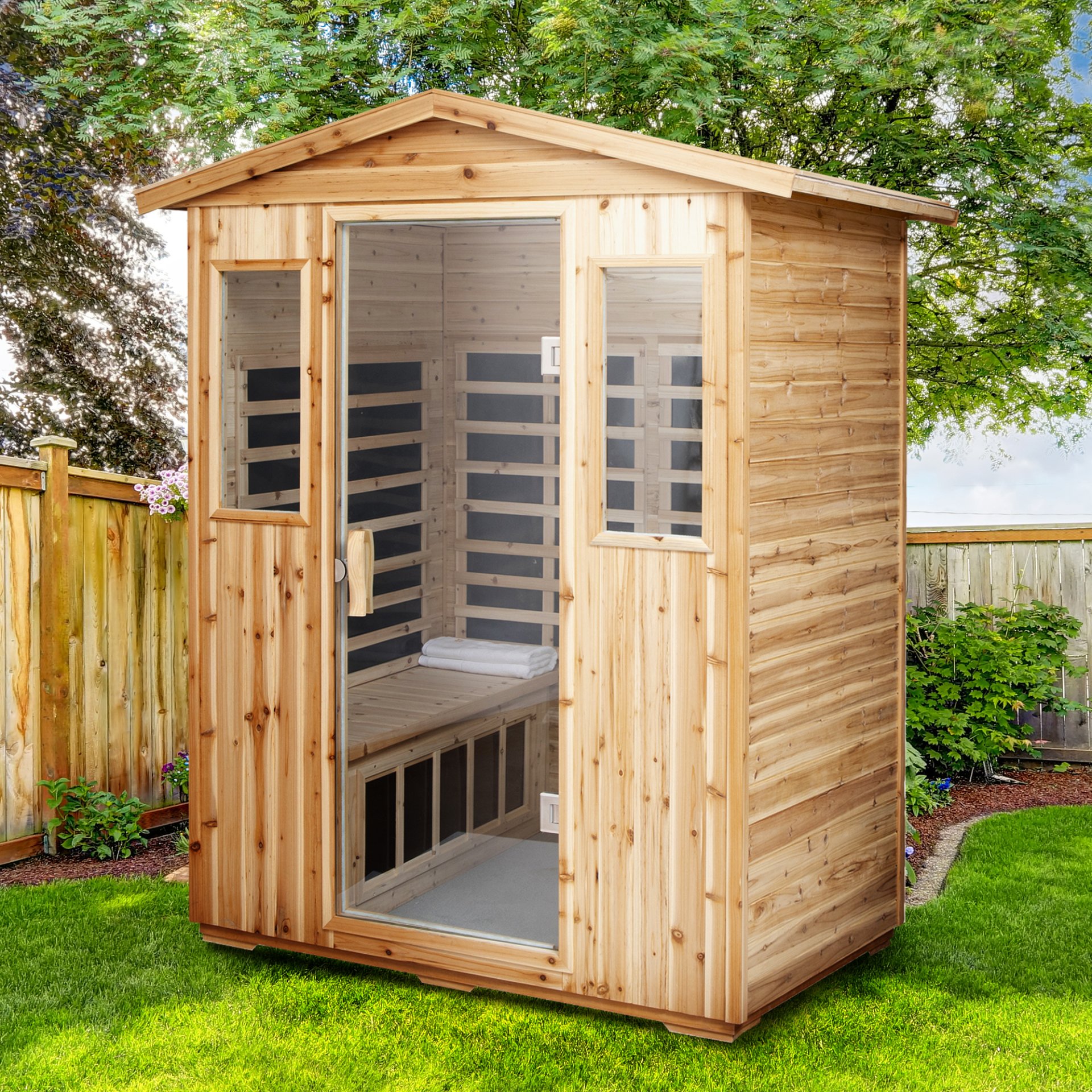 4 Person Old Fir Far Infrared Outdoor Sauna Room - Natural - Image 3