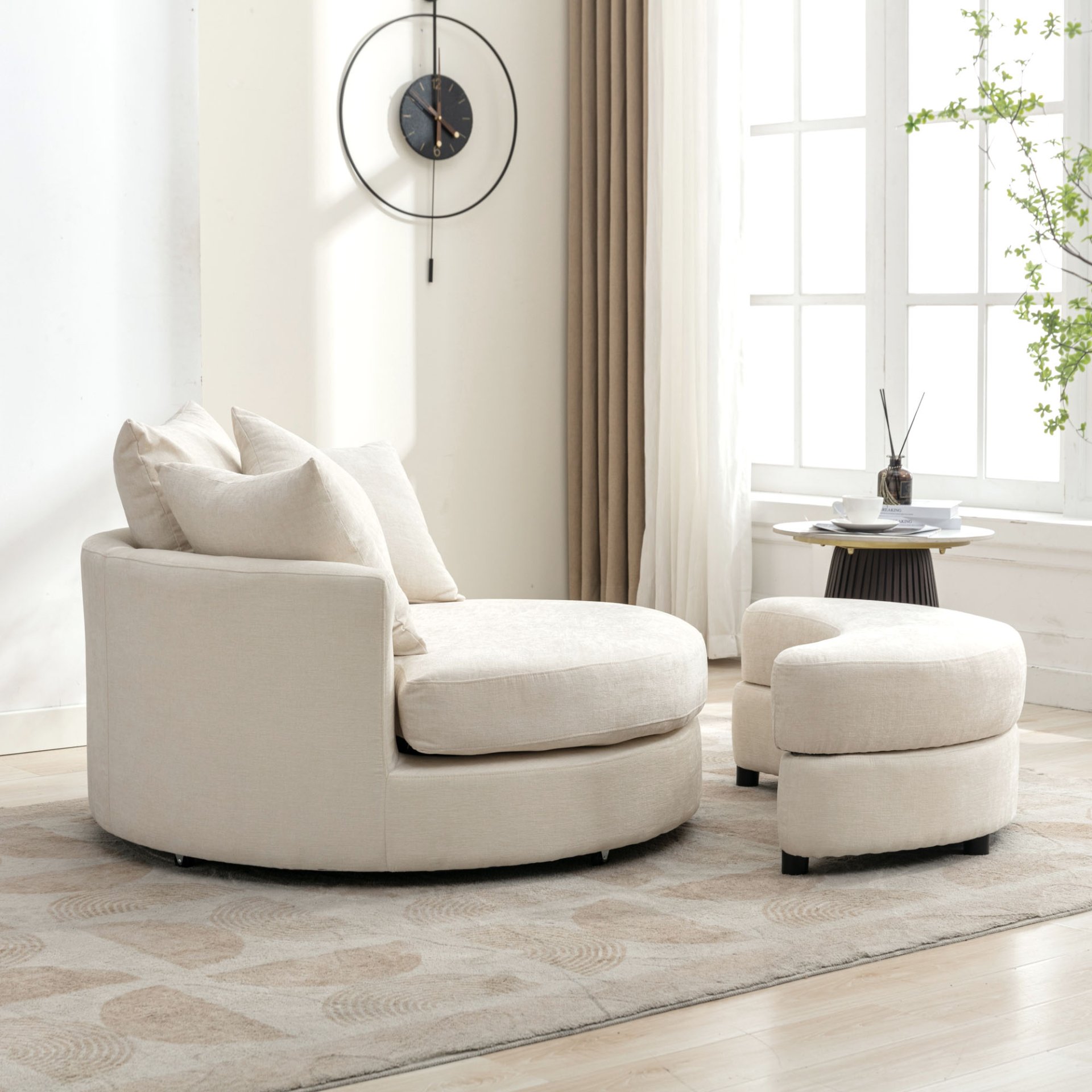 360° Swivel Accent Barrel Chair With Storage Ottoman & 4 Pillows, Modern Chenille Leisure Chair Round Accent For Living Room - Cream - Image 26