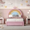 Twin Size Upholstered Rainbow Design Bed, Velvet Princess Platform Bed With Storage Drawer, No Box - Spring Needed - Colorful / Pink - Image 4