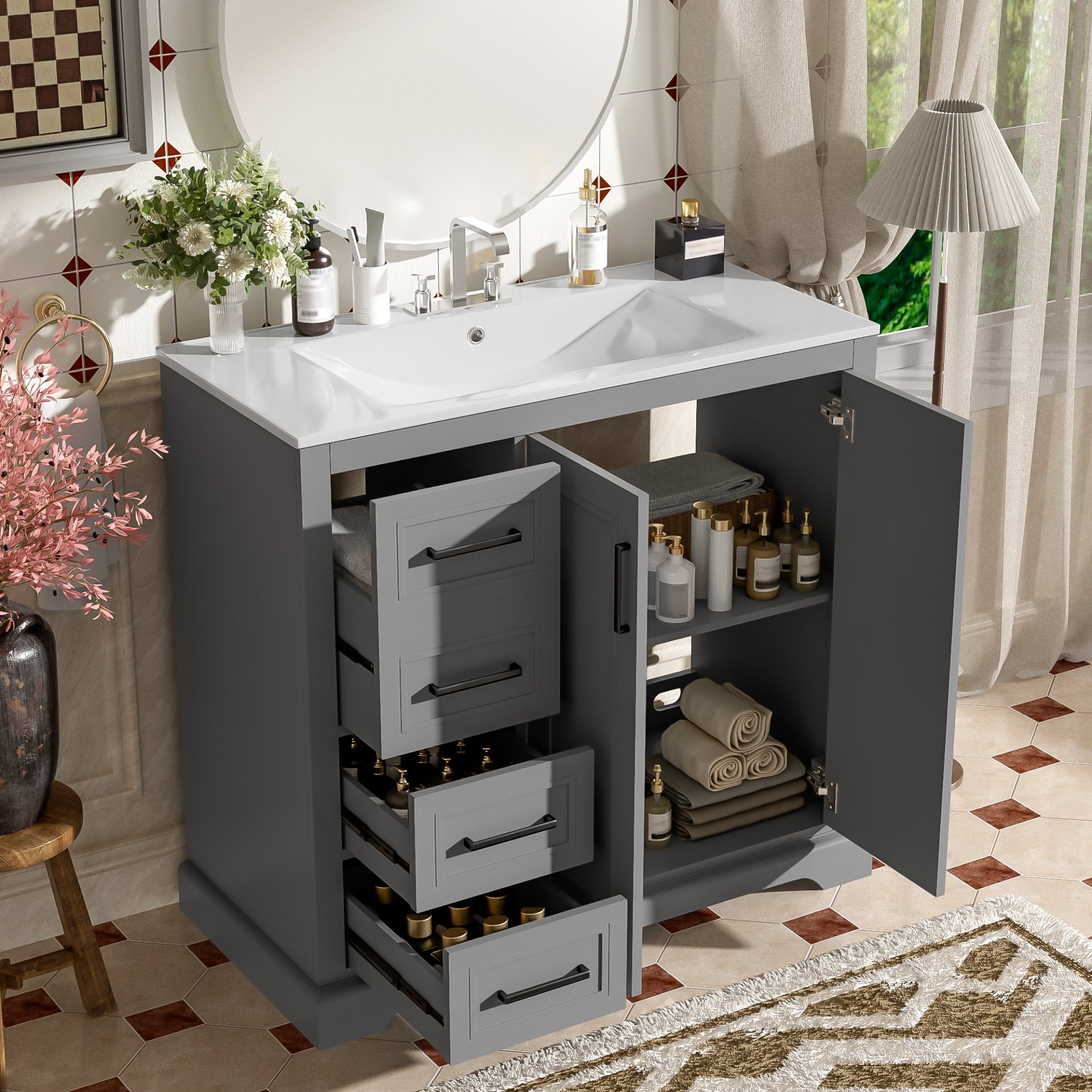 36" Bathroom Vanity With Sink, Soft Close Doors, Adjustable Shelf & 3 Drawers - Gray - Image 5