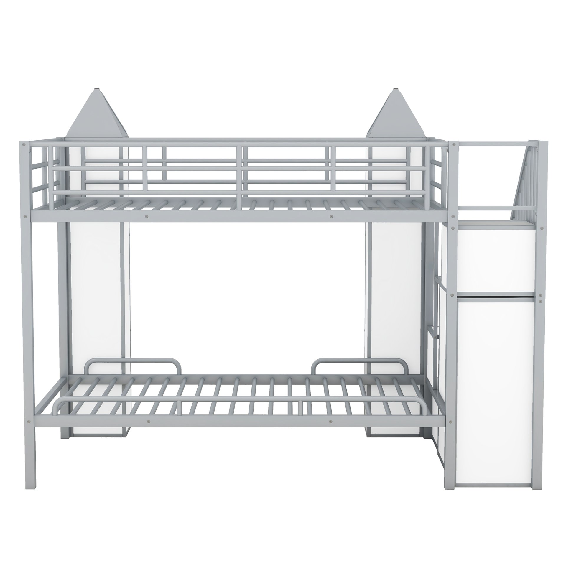 Metal Twin Over Twin Castle-Shaped Bunk Bed With Wardrobe And Multiple Storage - Gray / White - Image 6