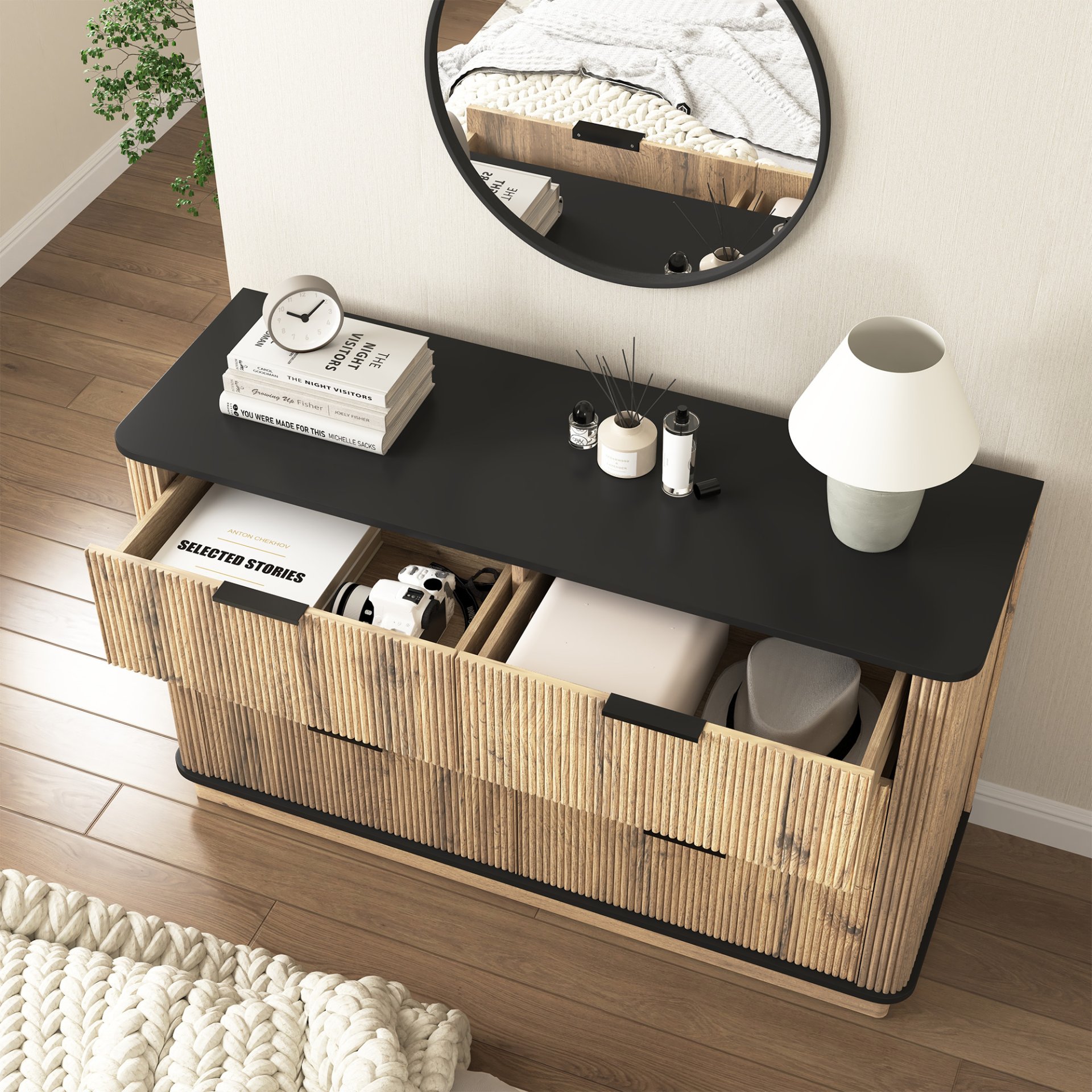 Modern 6 Drawer Cabinet With Metal Rounded Corners And Exquisite Handles Multi Functional Storage - Natural Wood - Image 7