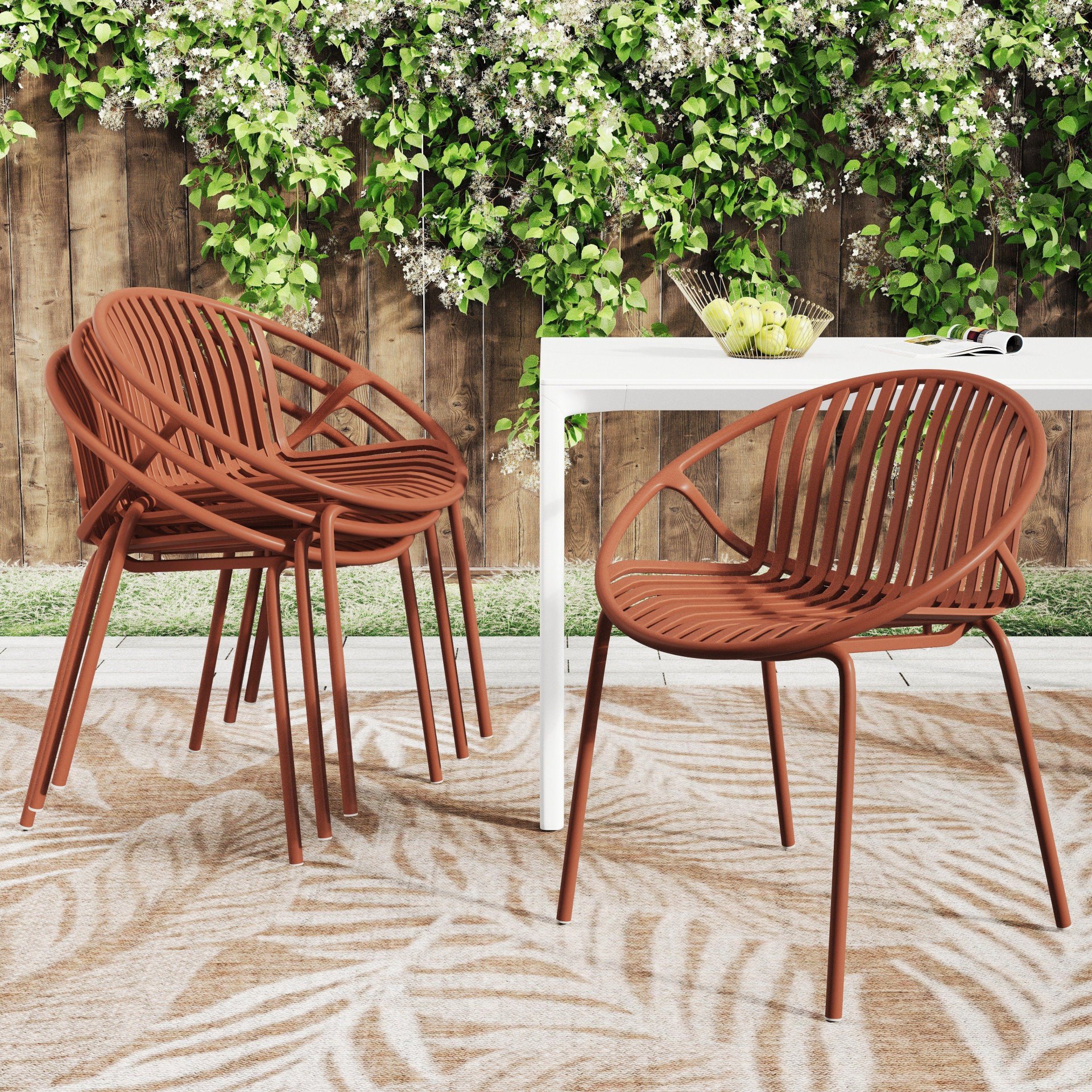 Contemporary Patio Dining Chairs (Set of 2) Stackable Outdoor Chairs With Breathable Plastic Backrest, Metal Legs - Orange - Image 4